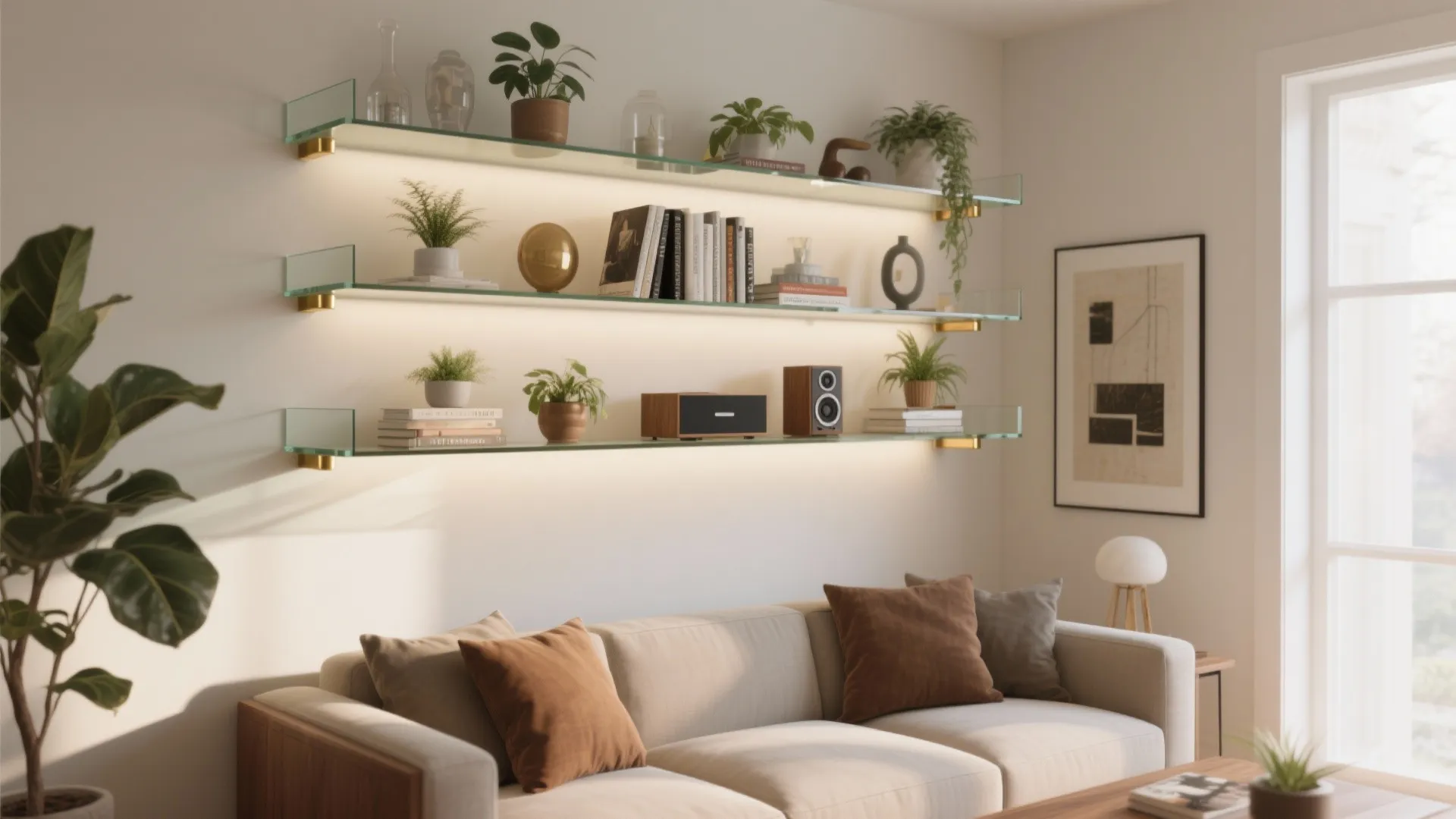 Modern living room with beige sofa, brown pillows, and three glass wall shelves with lights