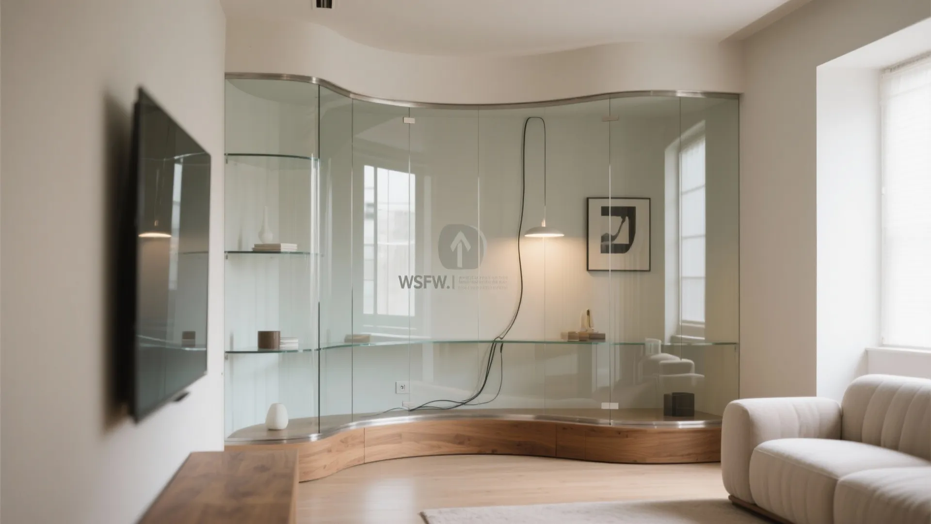 Curved-glass corner showcase with mirrored back visually widening a compact living room.