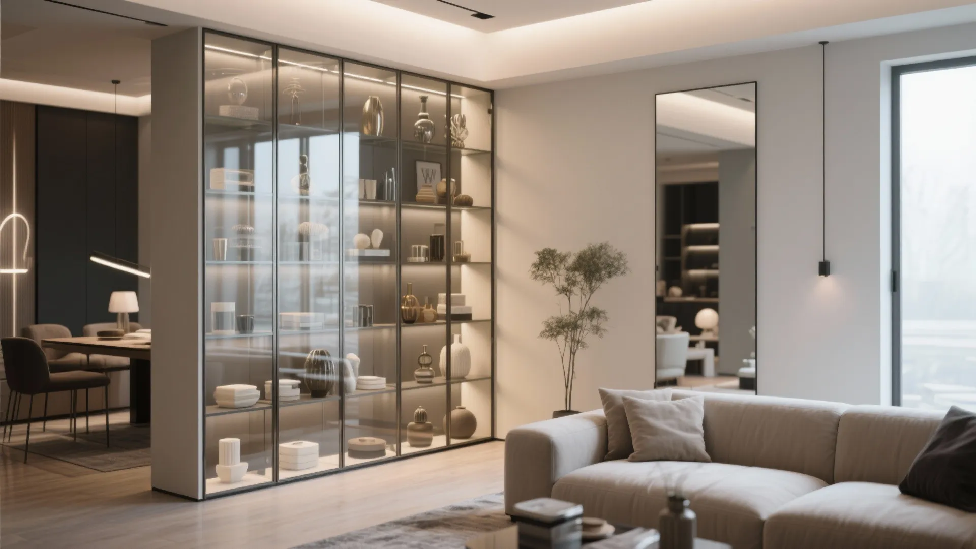 Large glass cabinet used as a room divider between a living room and dining area