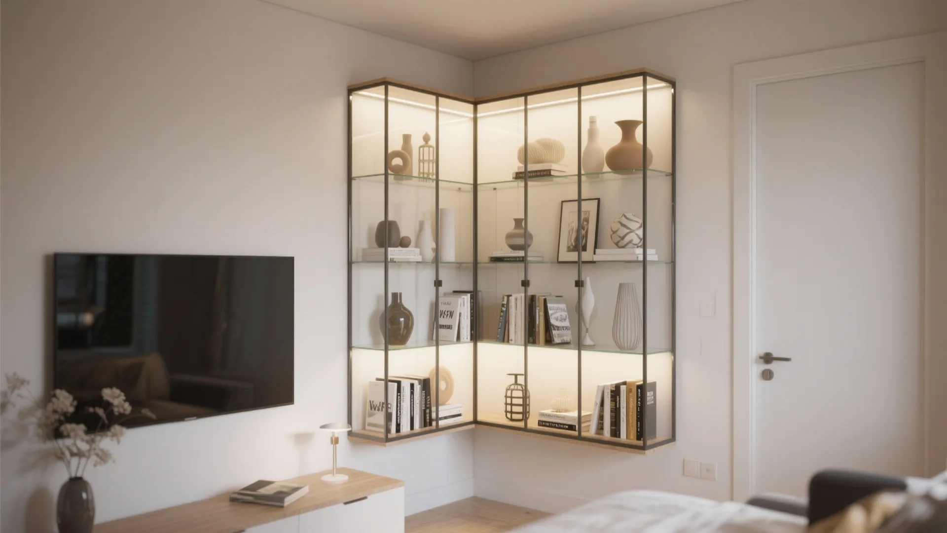Modern corner glass wall cabinet with light fixture containing books and vases near a television