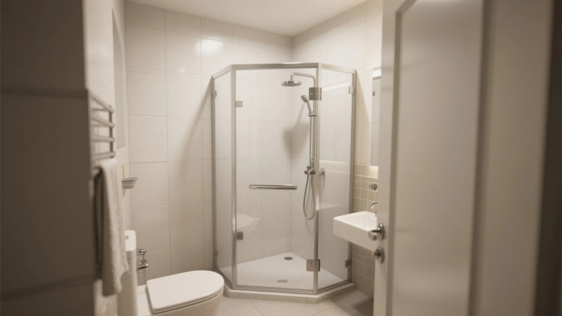 Small bathroom with corner glass shower stall white toilet wall sink and cream tiled wall