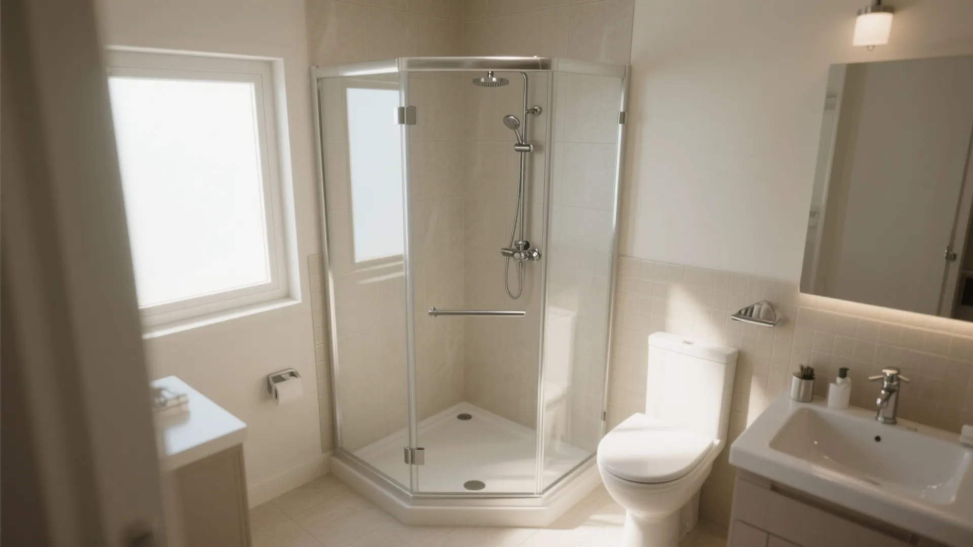Modern bathroom with corner glass shower white toilet small sink and light beige wall tiles