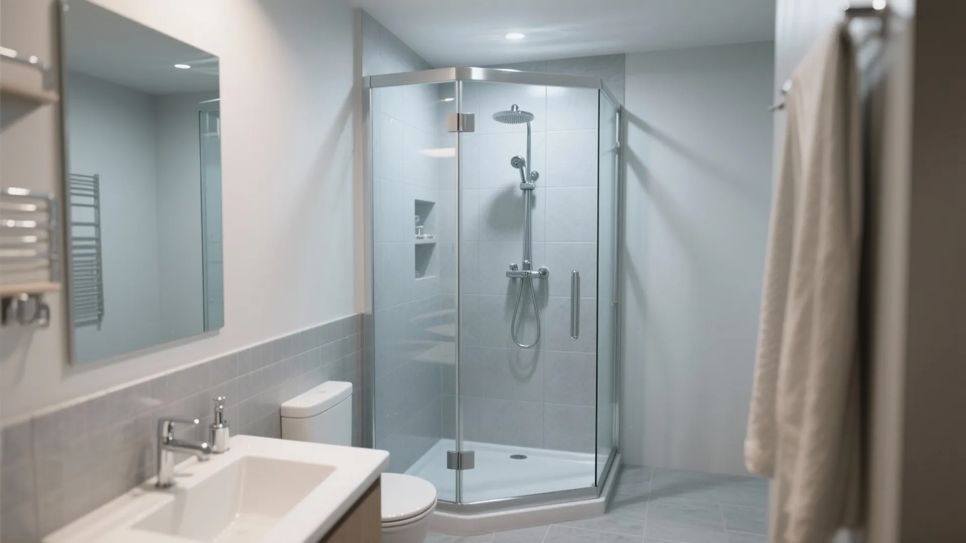 Modern bathroom with glass corner shower unit white sink toilet and grey floor wall tiles