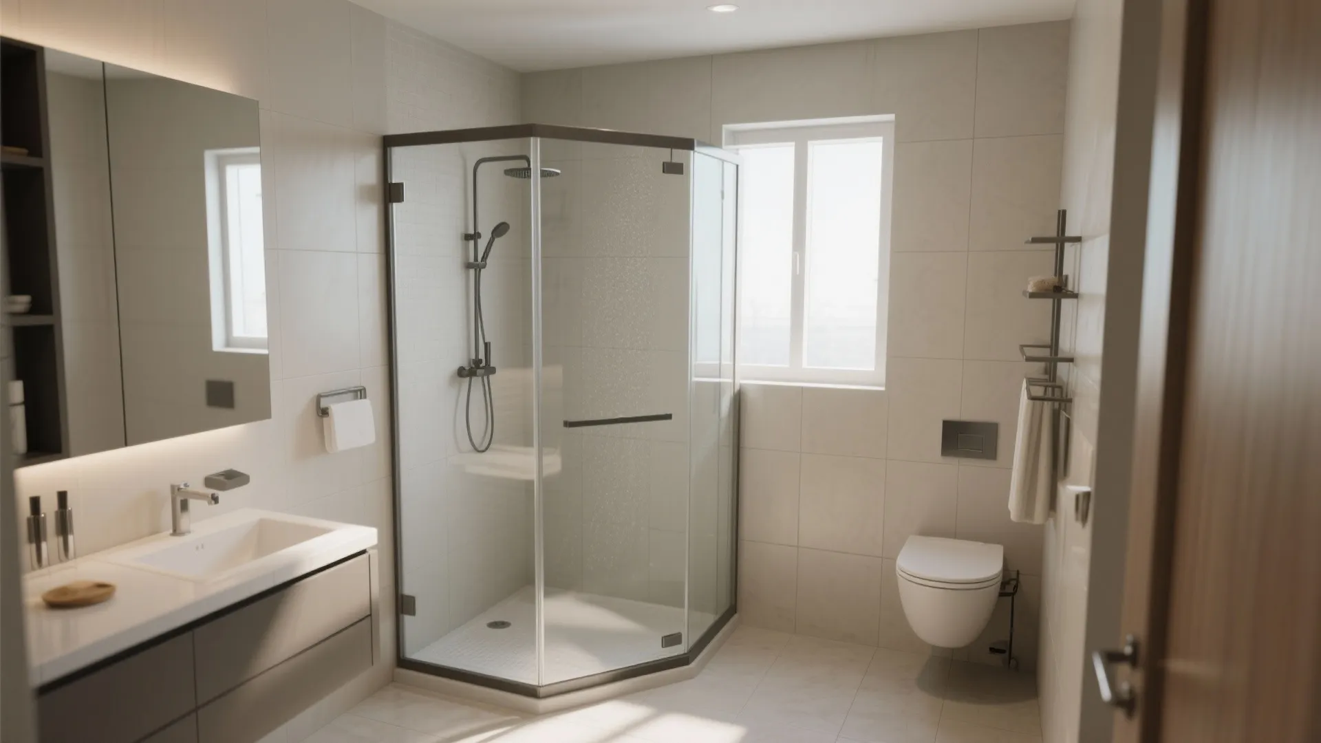 Beige bathroom featuring a corner glass shower box with black frame and white toilet seat