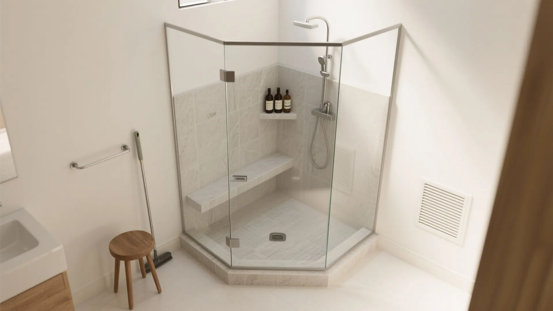 Glass corner shower with grey tiles built in seat shower head and wooden stool on side