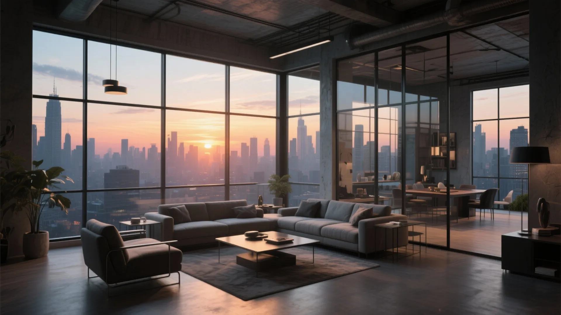 Modern apartment interior with corner glass windows showing sunset city skyline view and grey sofa set