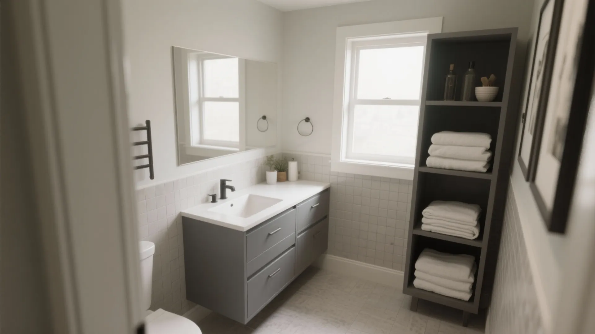 Small L-shaped bathroom with a compact corner gray vanity and narrow linen tower