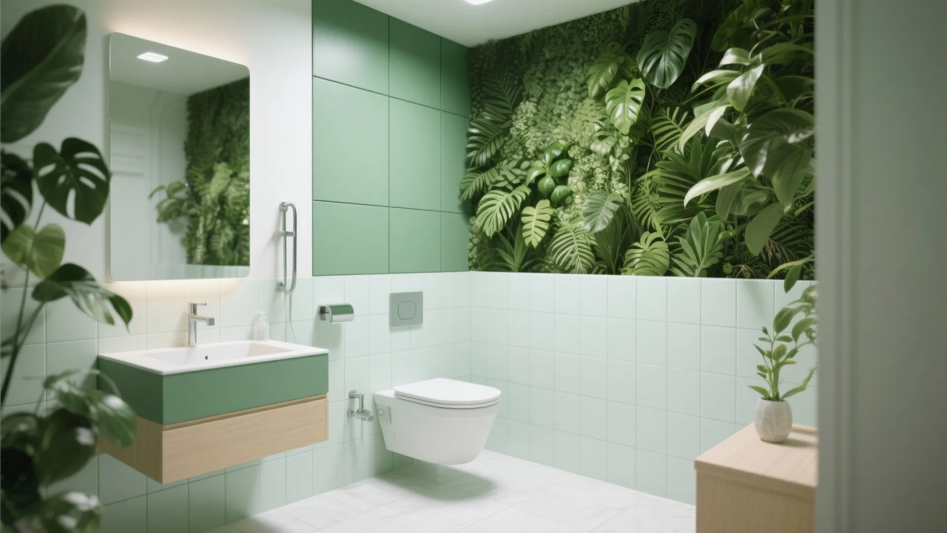 9. Corner Green Wall for Small Bathrooms