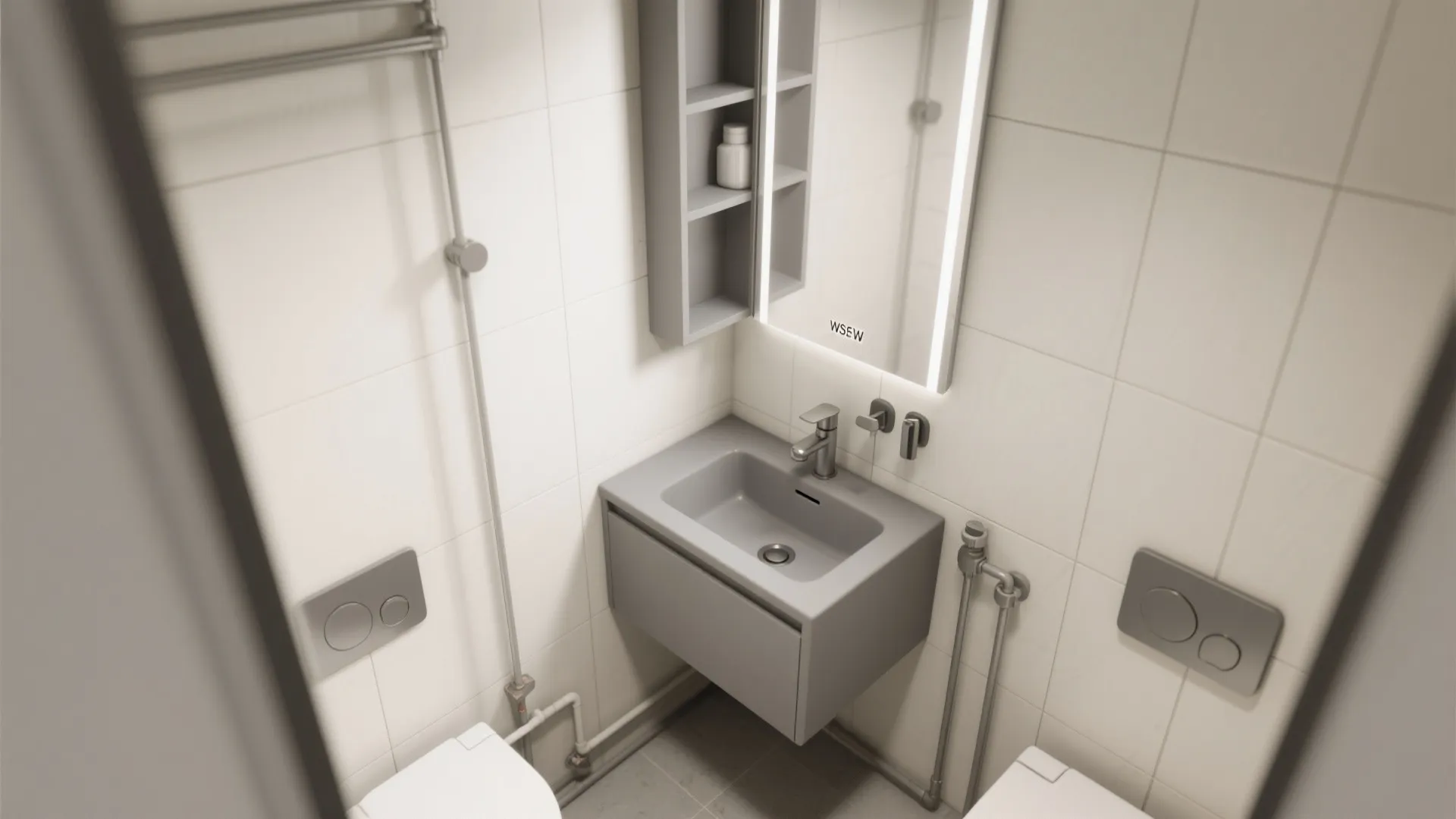 5. Corner grey sink for micro-bathrooms
