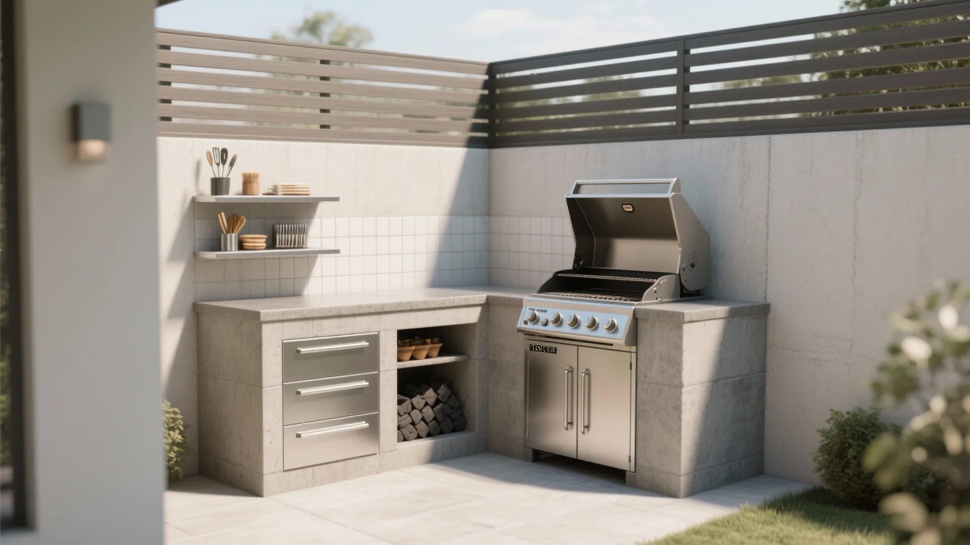 2. Corner grill nook with windbreak and storage