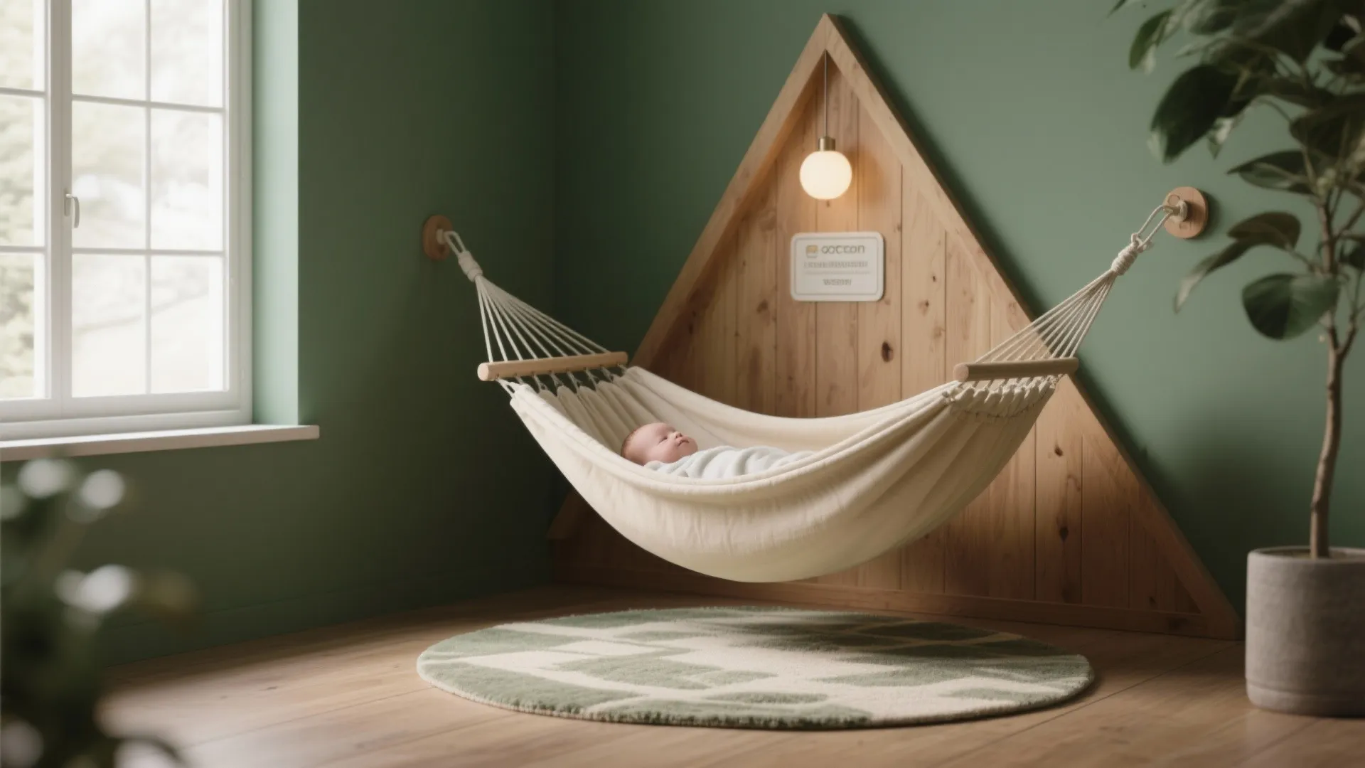 Baby sleeping in a white hammock in a green room with wooden wall panel and plant