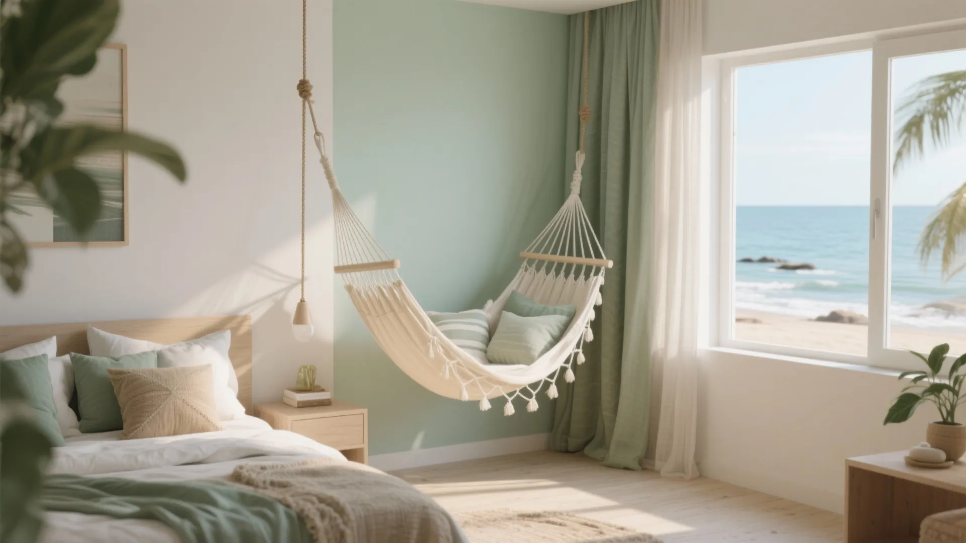 Bright corner with a hammock-style swing and layered cushions in a seaside-flat bedroom
