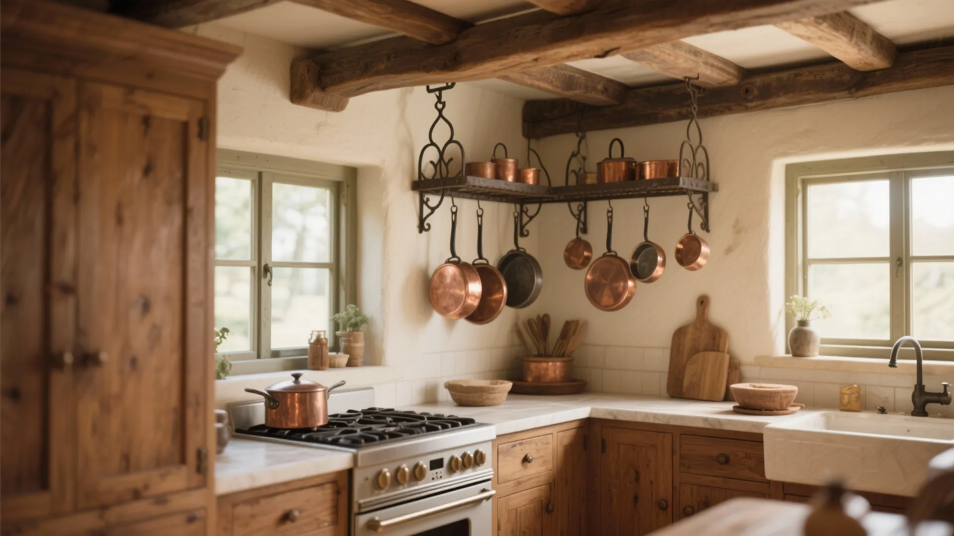 Rustic kitchen with copper pans hanging on metal racks over a stove and wooden cabinets