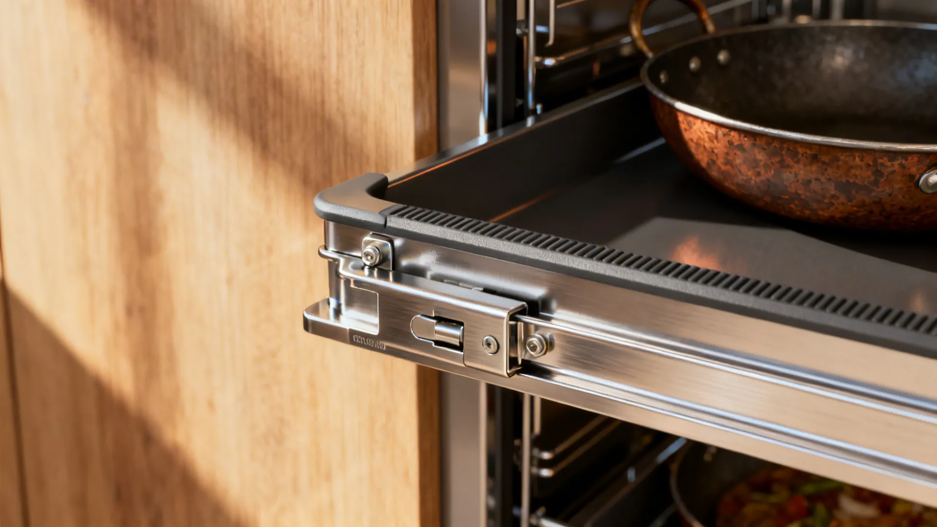 Close up of stainless steel sliding hardware for kitchen drawer next to a wood cabinet