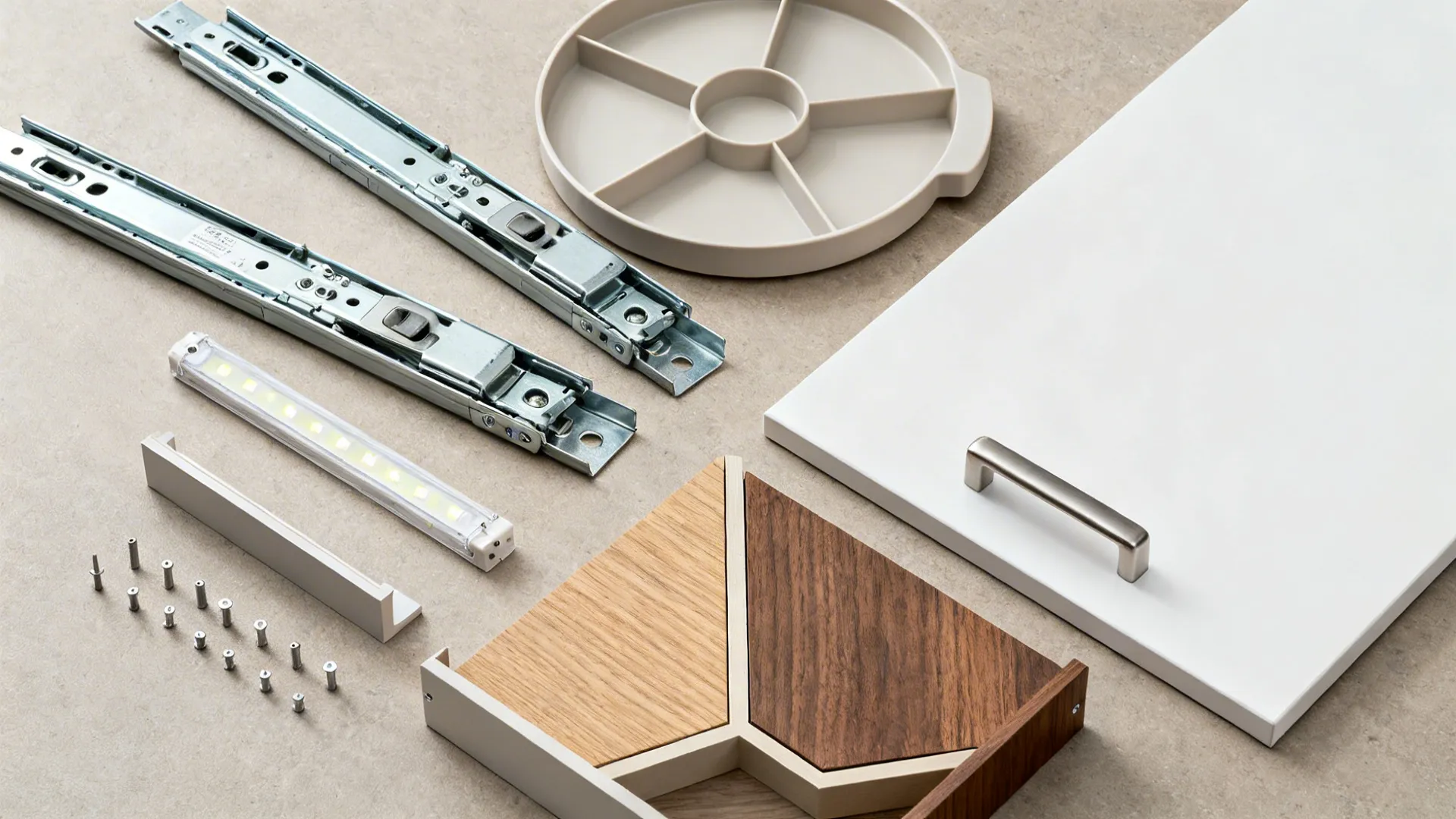 Flat-lay of corner cabinet hardware: slides, lazy Susan tray, shelf pins, LED strip, and finishes.