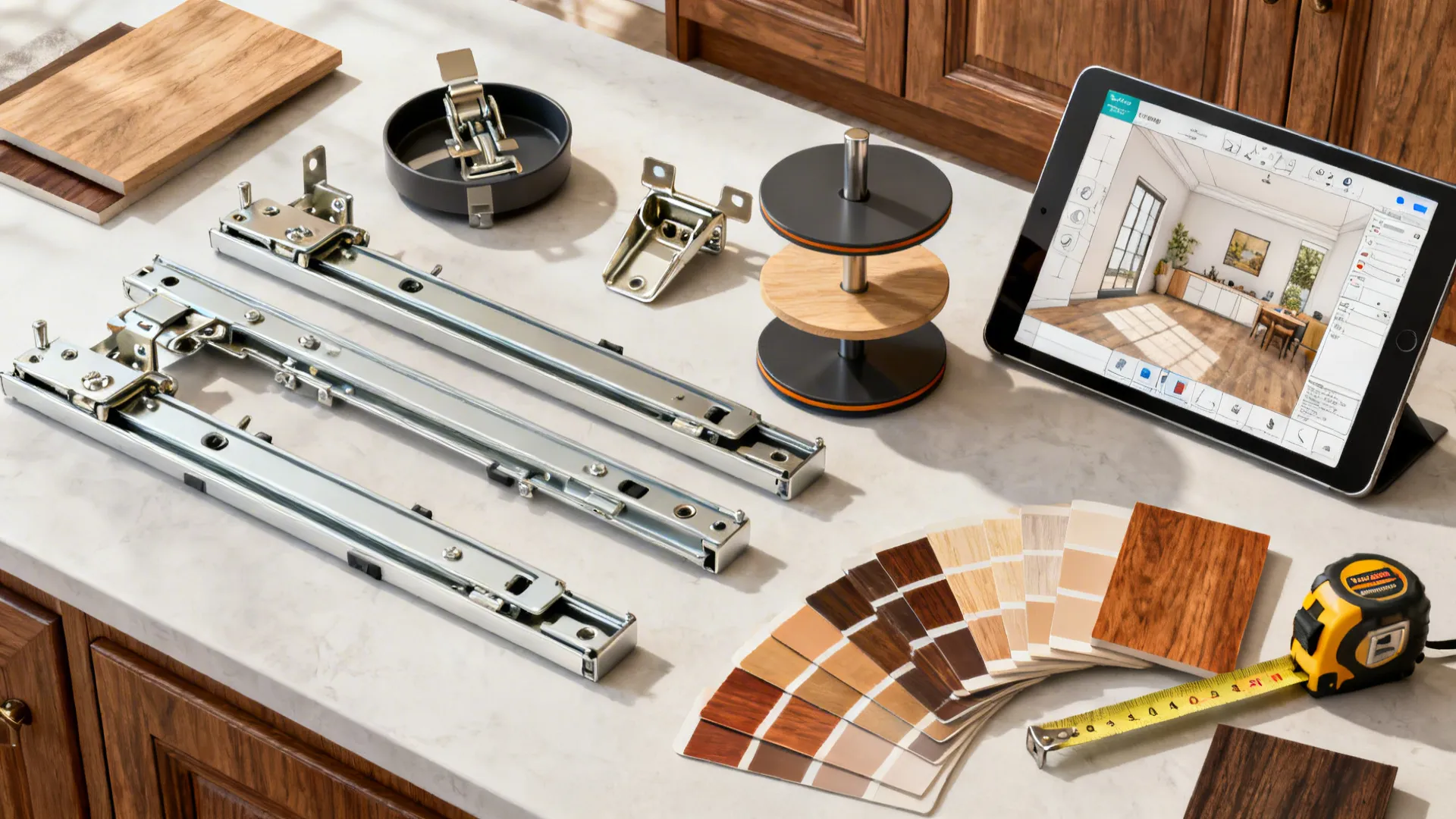 Flatlay of corner cabinet hardware and materials including runners, hinges, and a tablet with a room planner