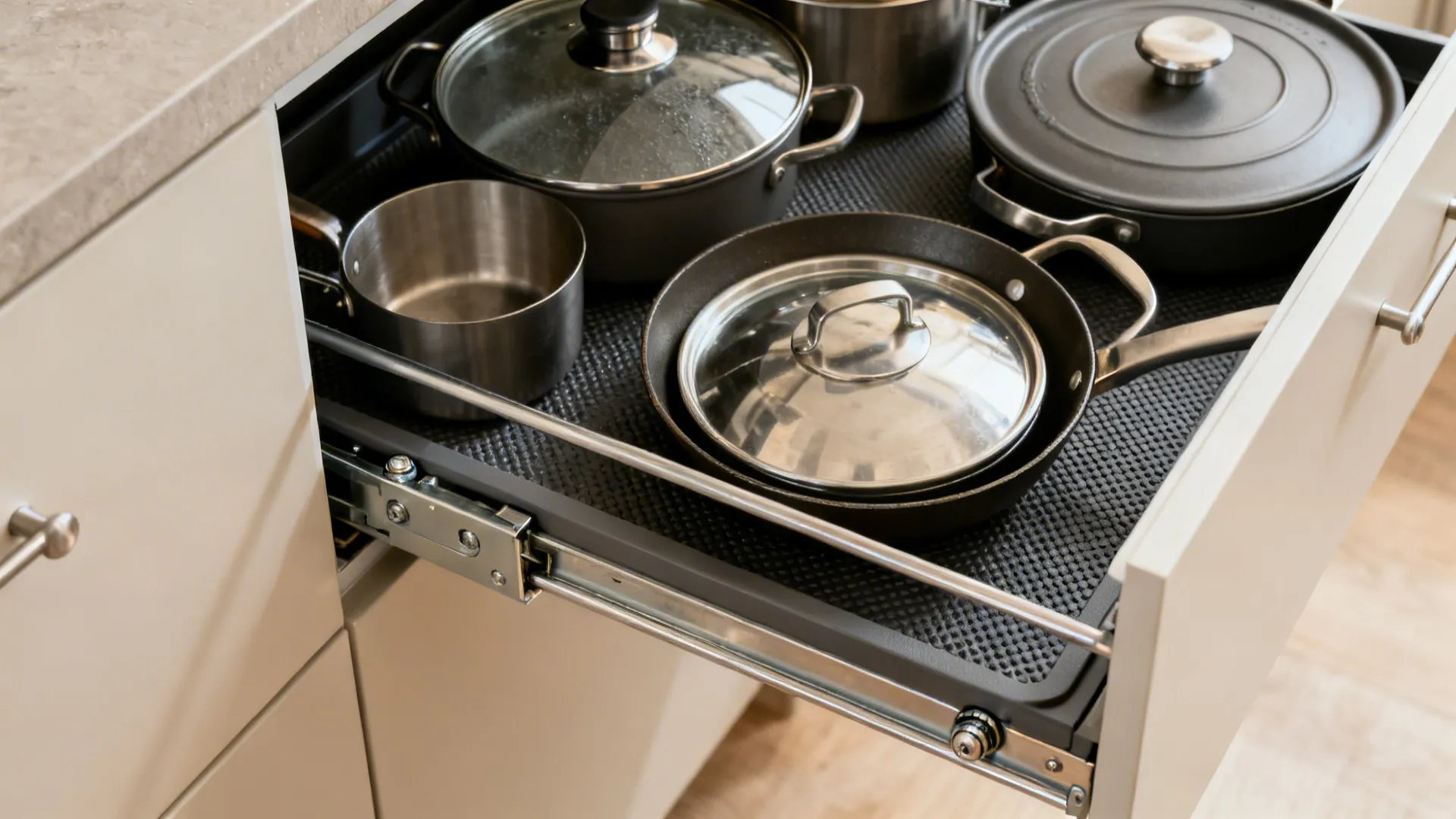 Macro view of a corner pull-out mechanism with soft-close hardware and anti-slip mats holding pans and lids.