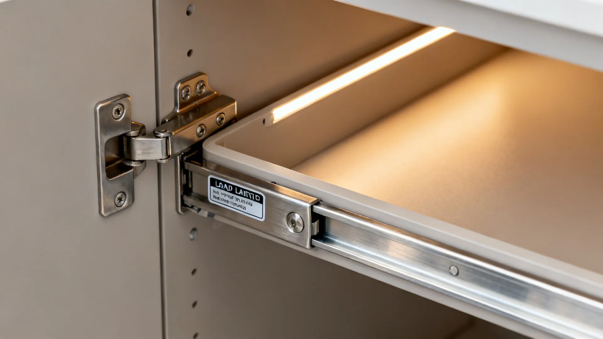 Macro of corner pull-out tray hinge and soft-close slide with LED glow.