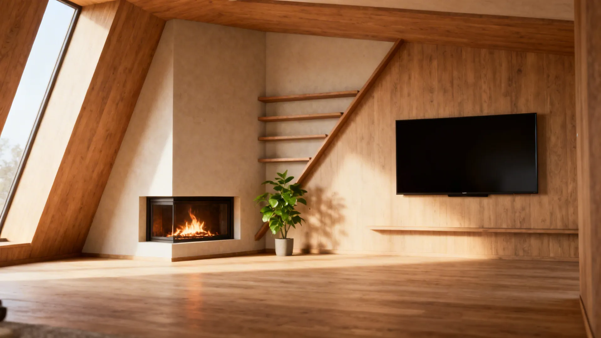 Cozy room with wood wall roof window corner fireplace green plant and black television screen
