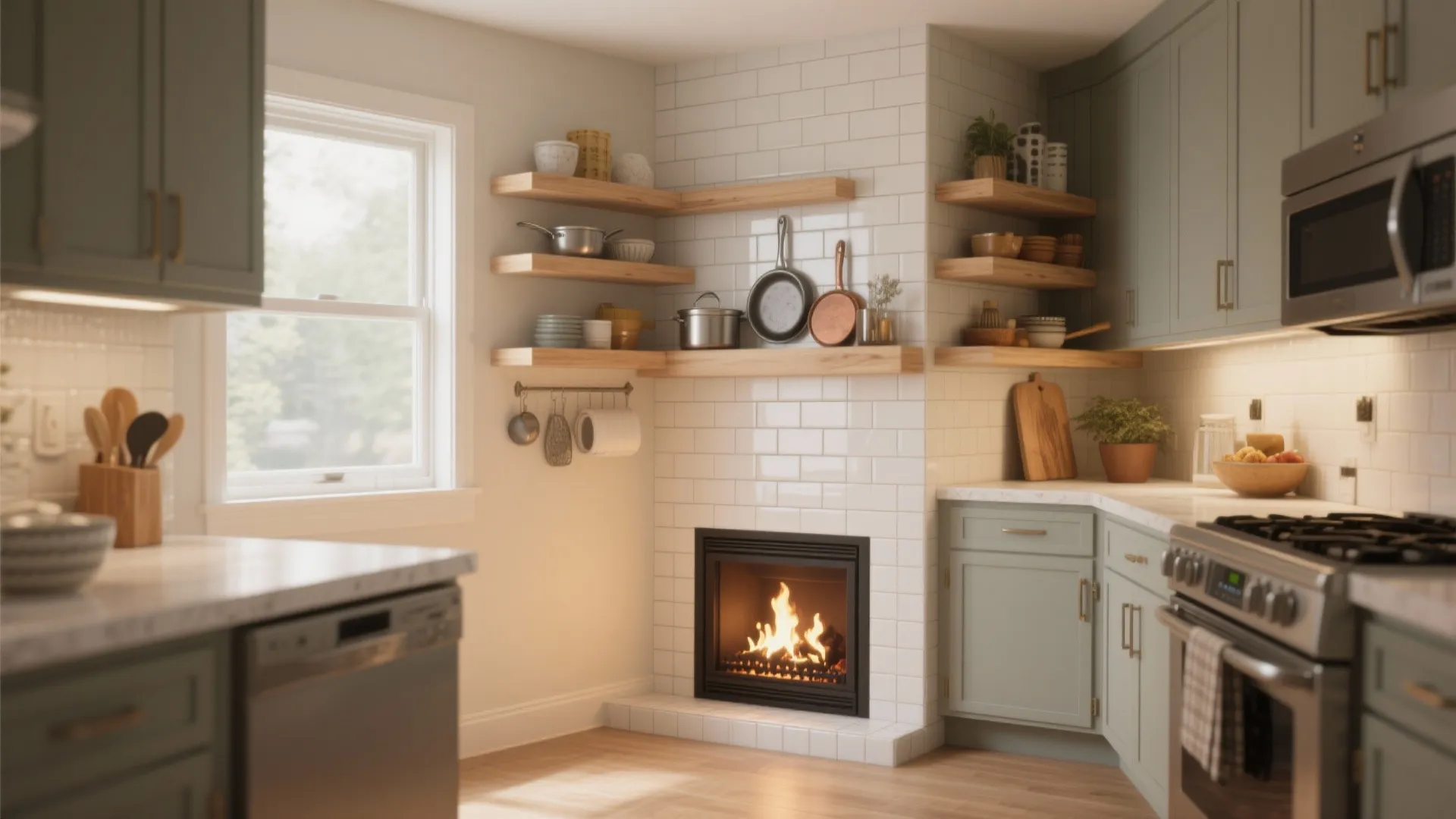 Corner Fireplace with Open Shelving