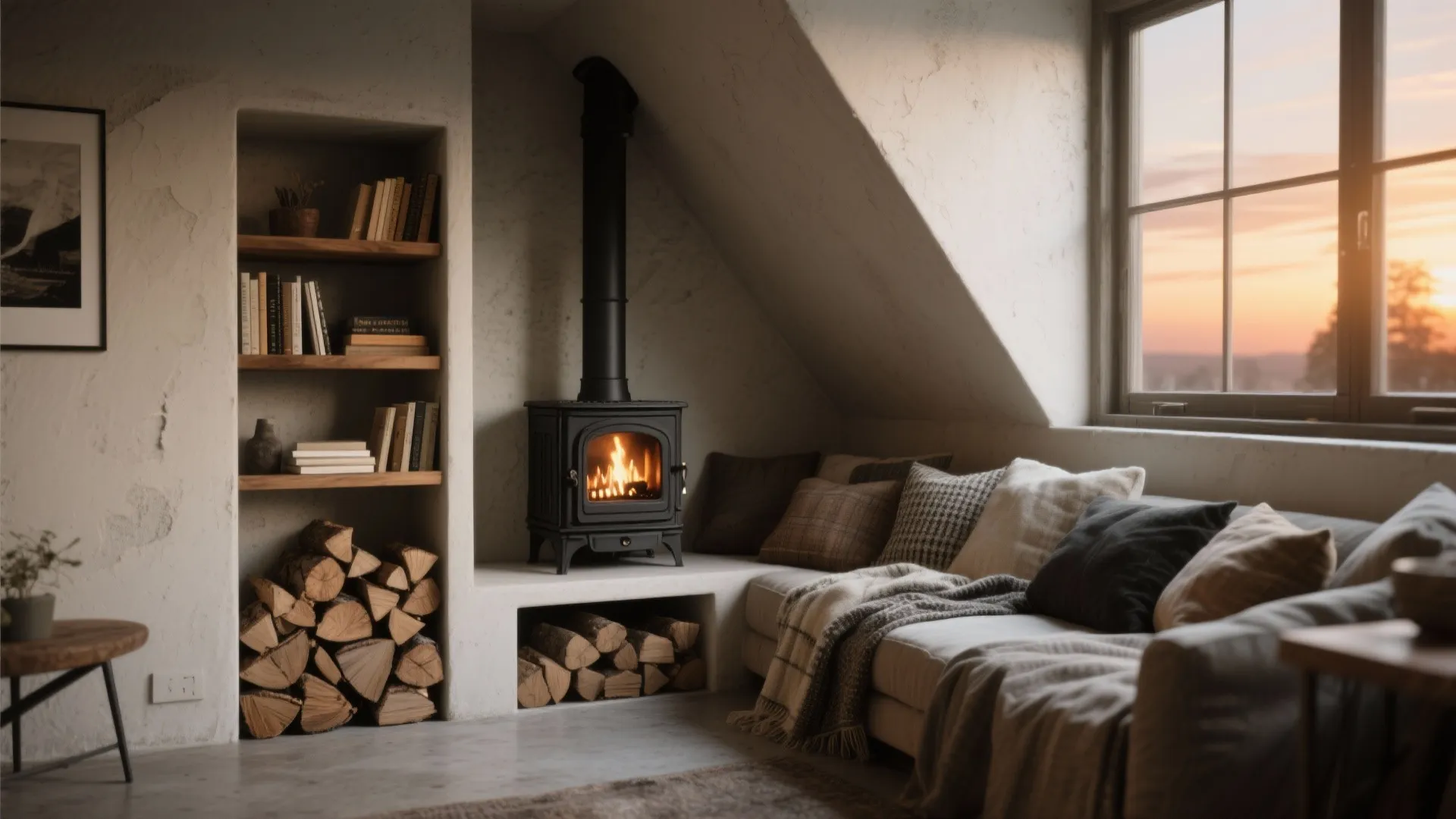 Attic living room featuring black wood stove with firewood storage beside sofa under sloped ceiling