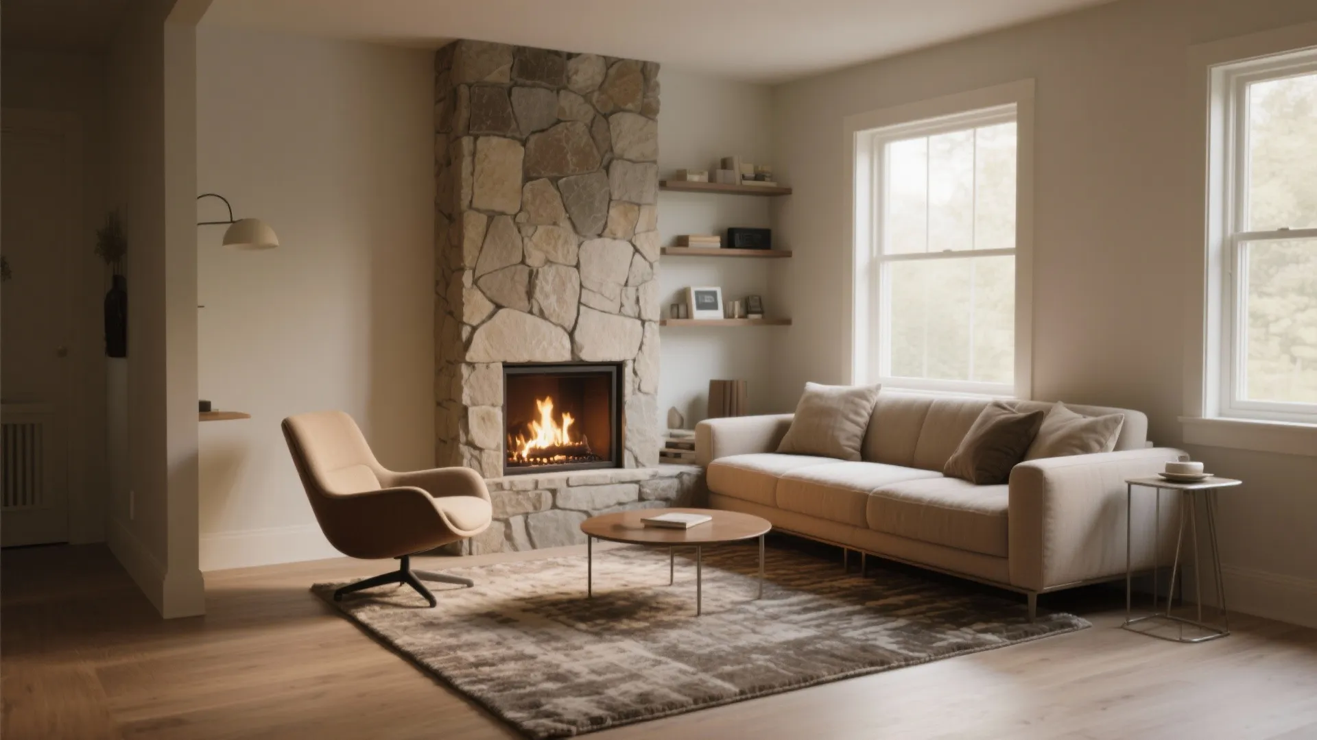 3. Corner fireplace solution with multifunctional furniture