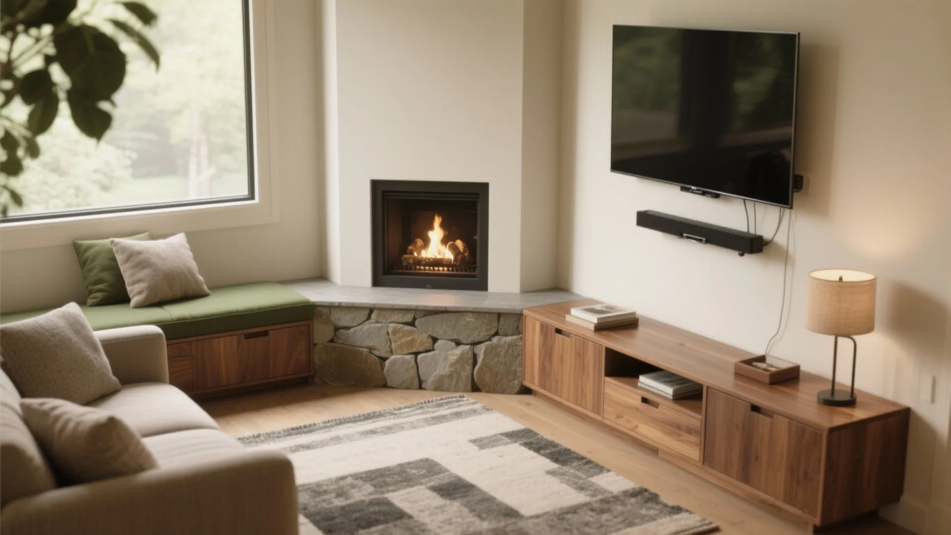 Small living room layout: 5 ideas: Corner fireplace + TV — space-smart solutions I use in tight living rooms