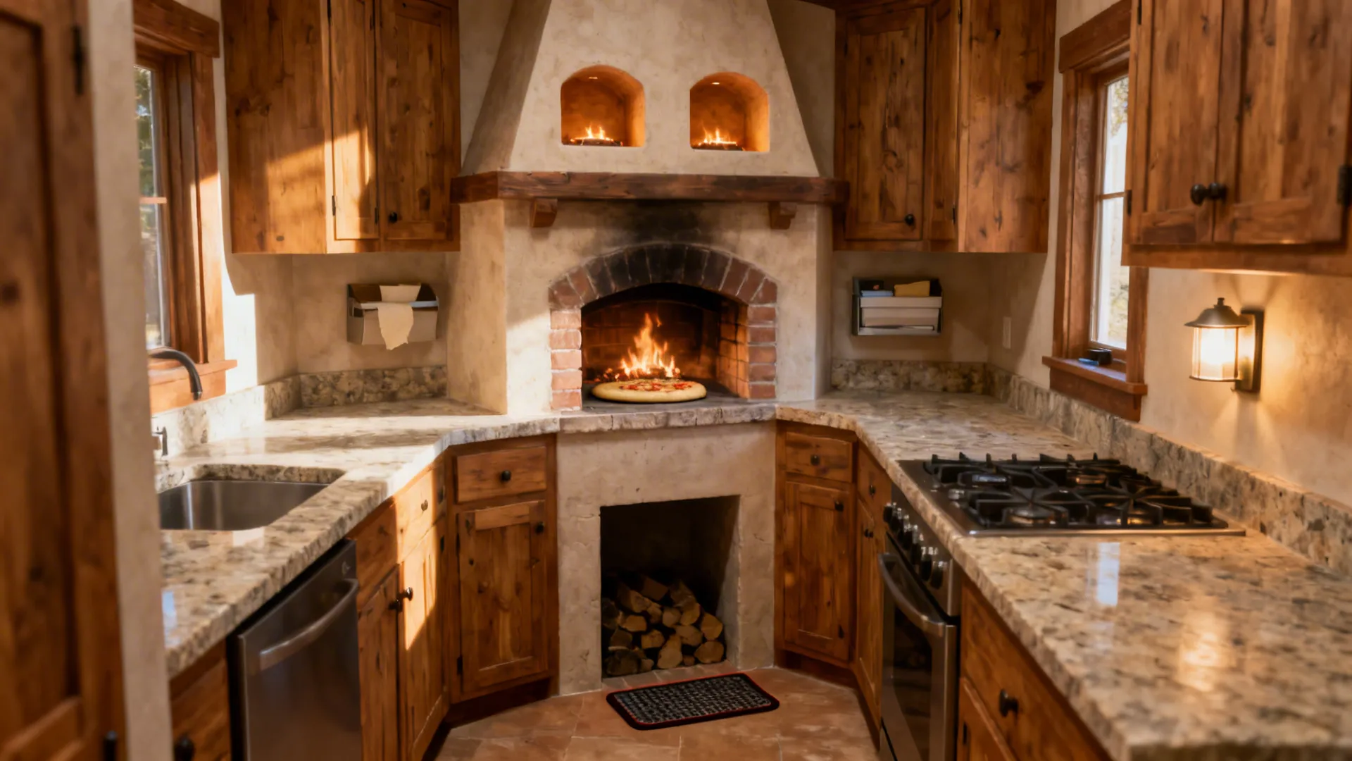 Corner fireplace with a pizza stone and warming niches in a compact galley kitchen.