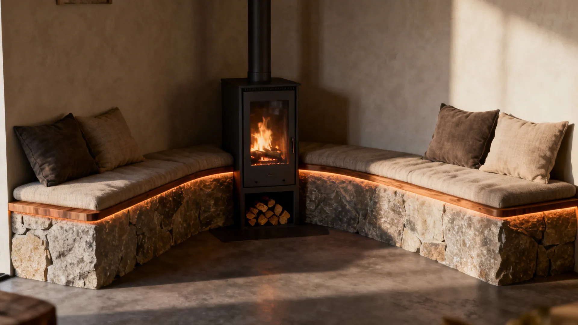 1. Corner hearth with built-in seating