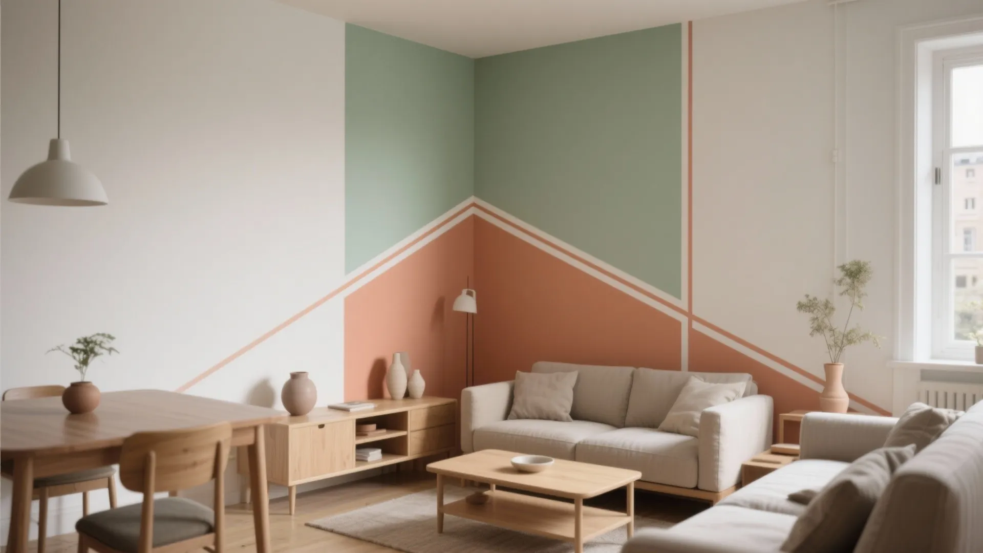 Modern living room with green and orange geometric wall paint beige sofa and wooden table