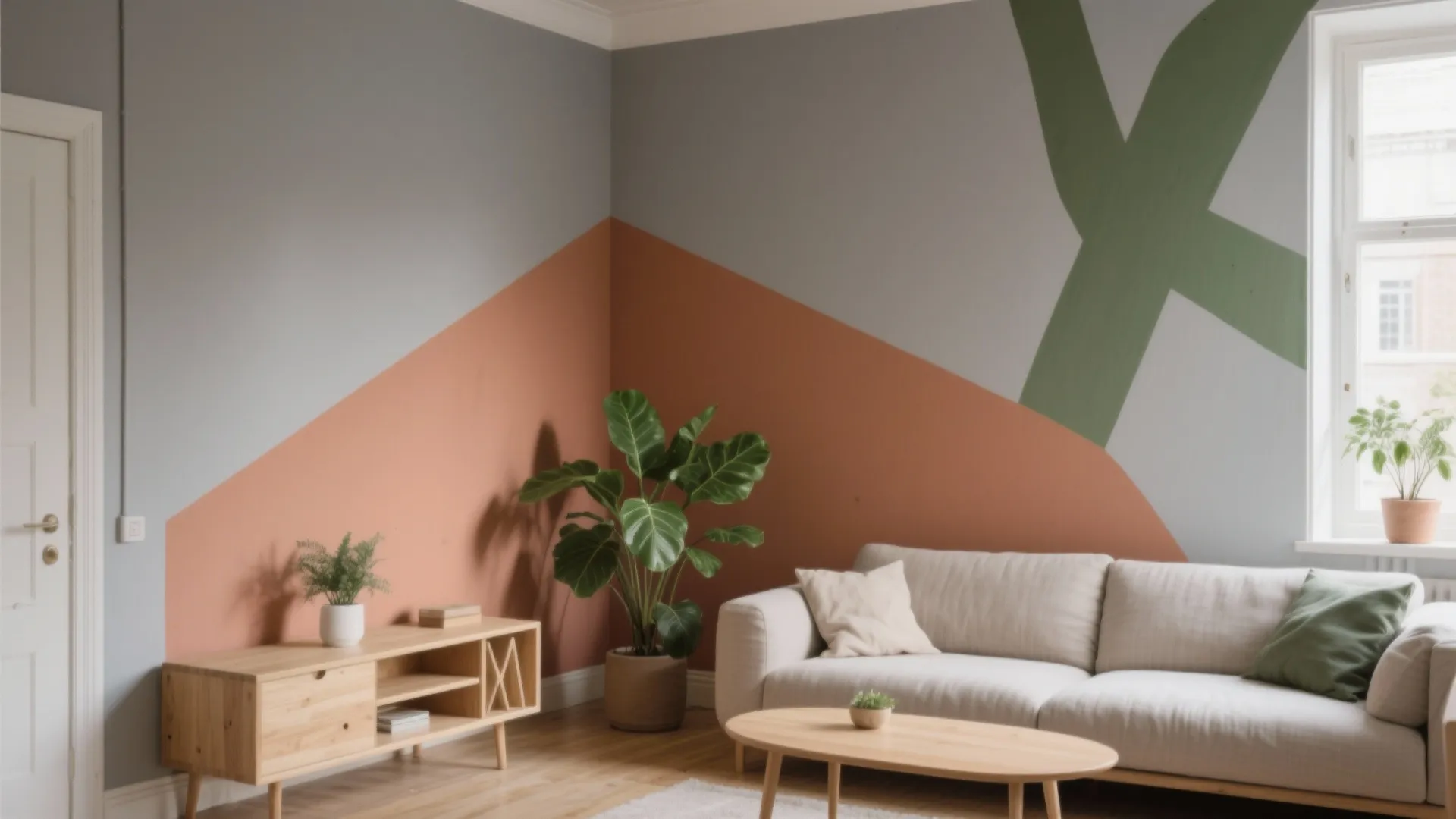 Living room with geometric wall paint colors featuring a sofa wooden cabinet and indoor plants