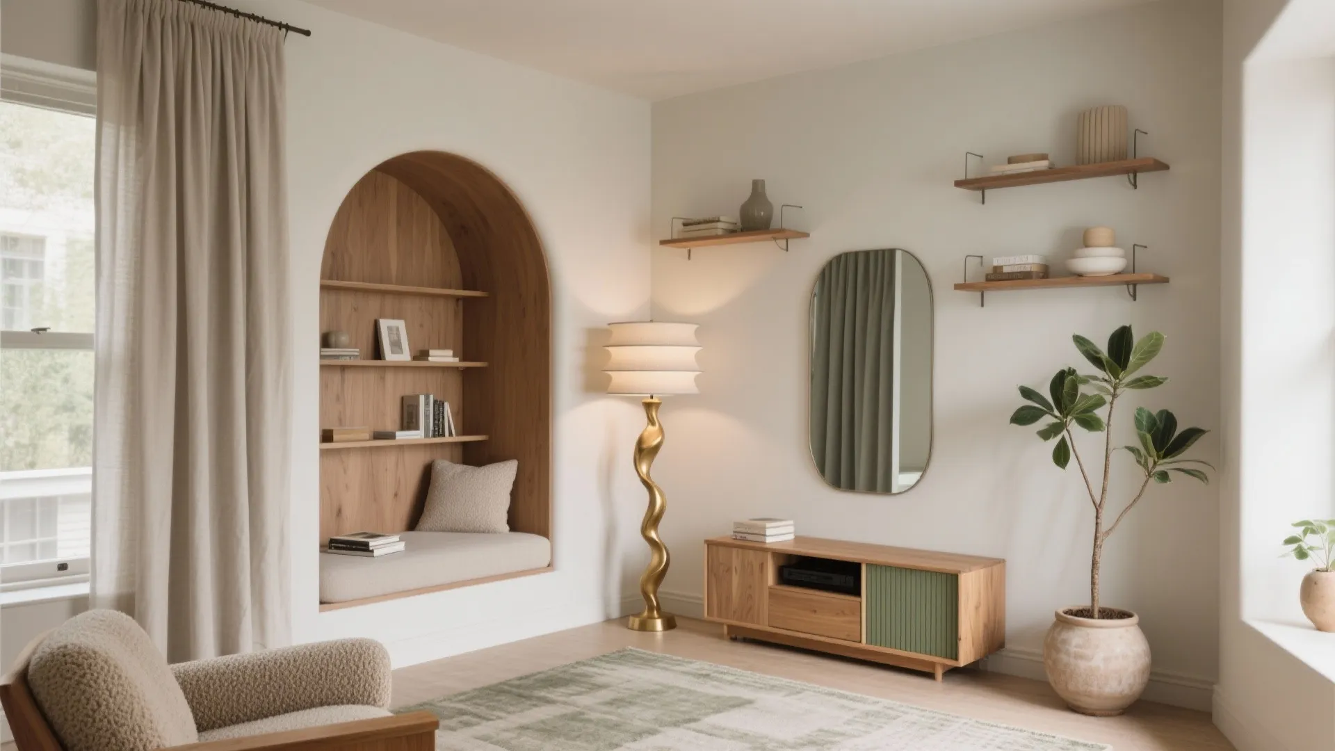 Modern living room corner with wood wall arch bookshelf floor lamp and small green cabinet