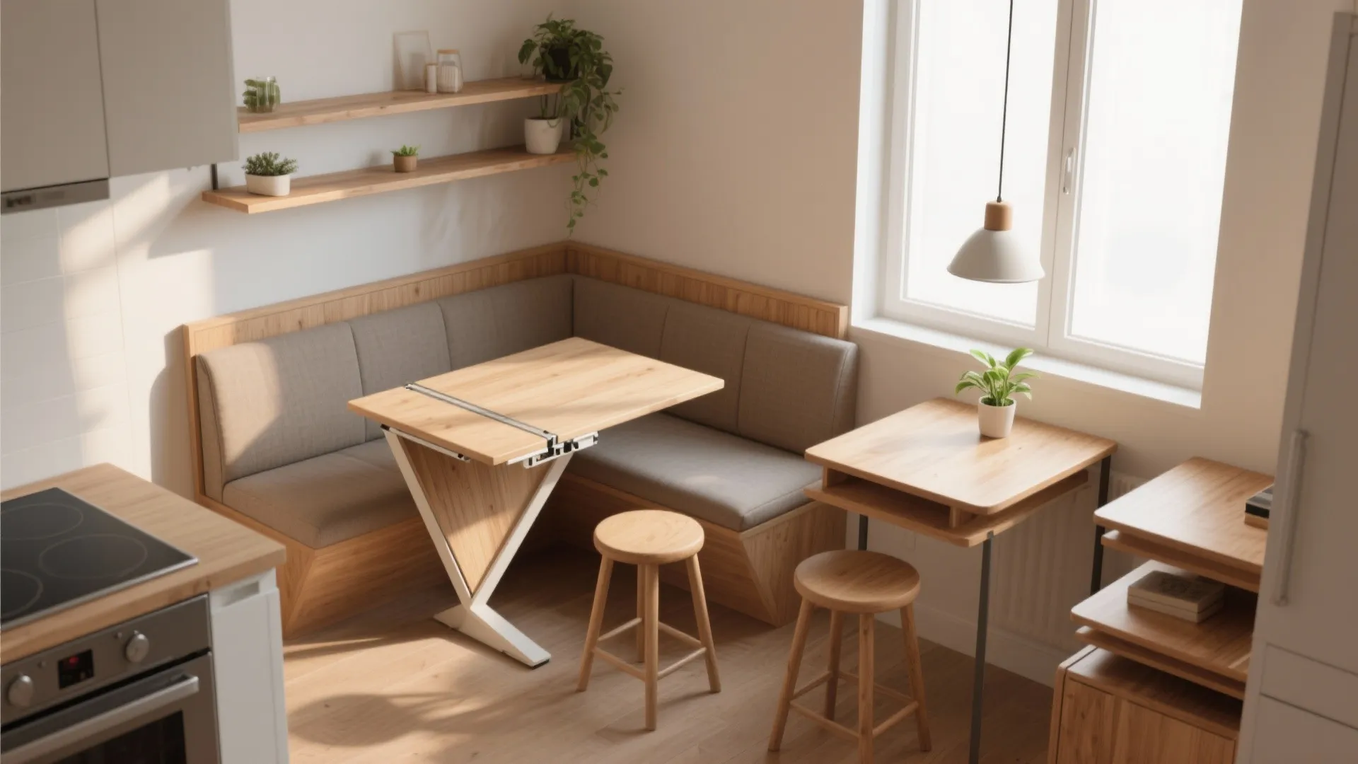 Small kitchen corner with wooden table l-shaped bench two stools wall shelves and ceiling light