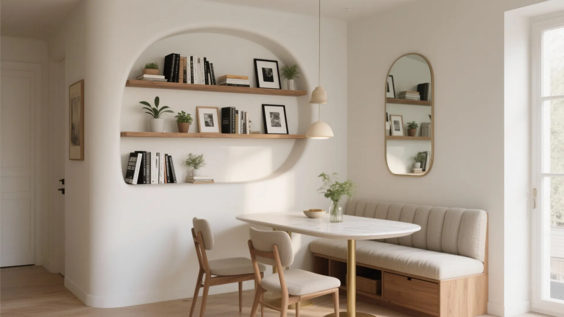Modern dining area featuring white marble table beige seating built in wall shelves and mirror