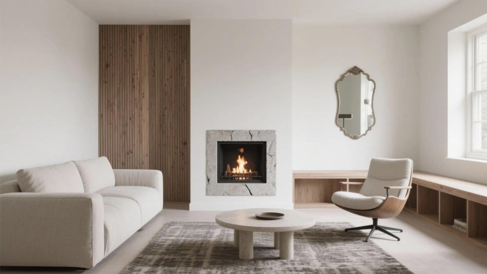 Minimalist living room with white sofa stone fireplace wooden wall panel and a round coffee table