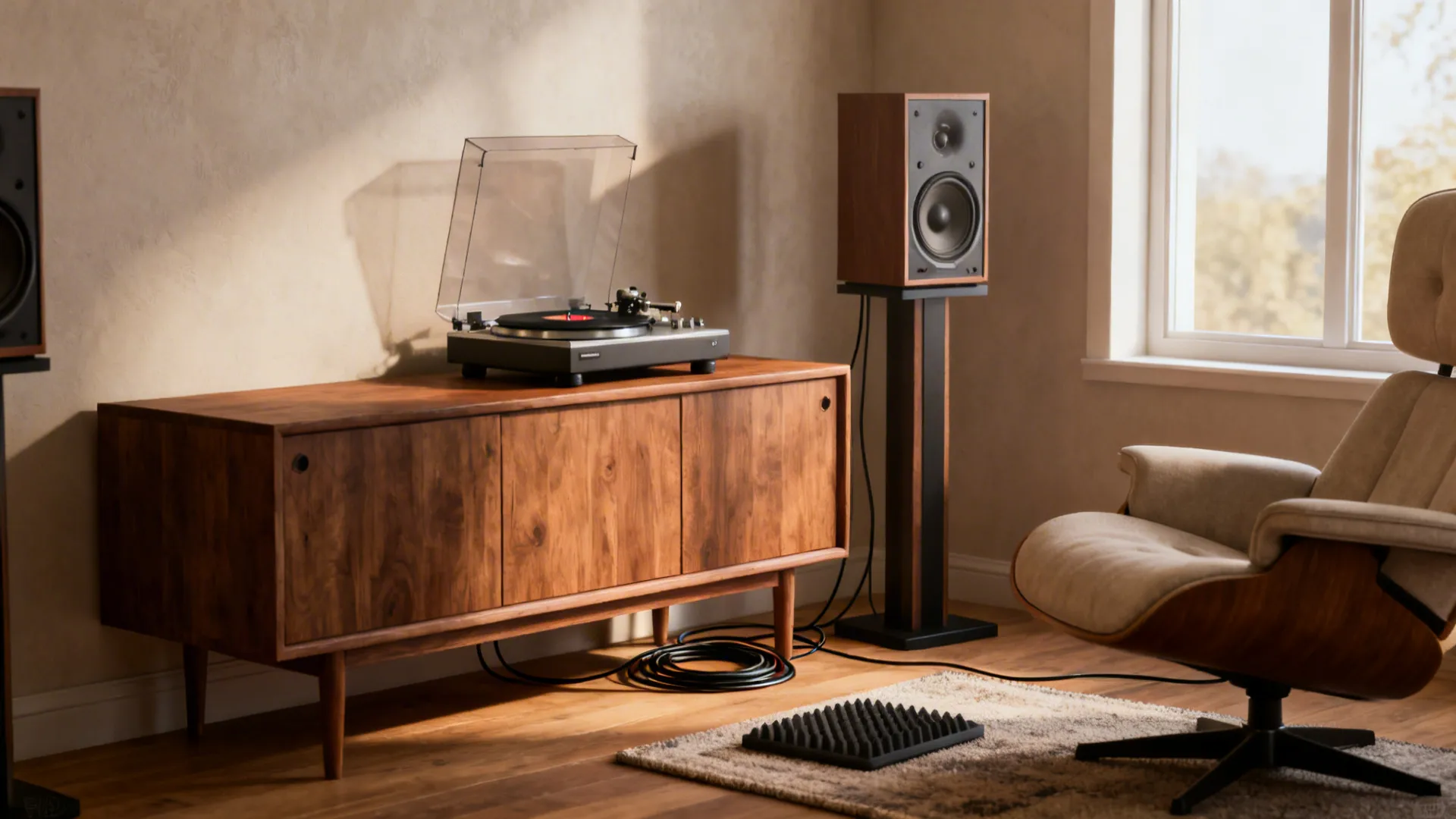 Small corner hi-fi nook with a turntable on a compact credenza, speaker stand, and a lounge chair