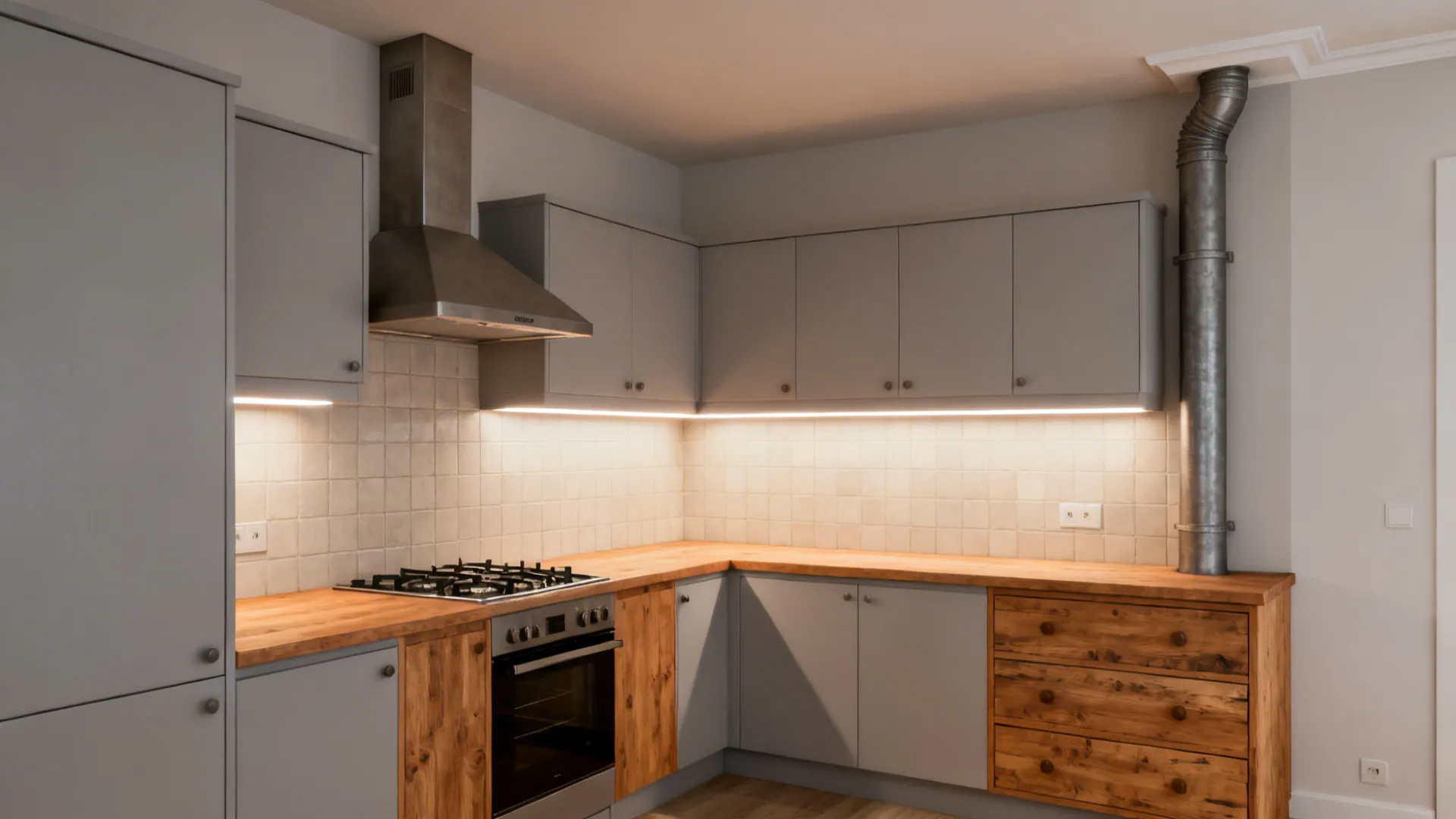 Corner hob with a compact corner chimney in an L-shaped Indian kitchen with warm wood and grey cabinets.