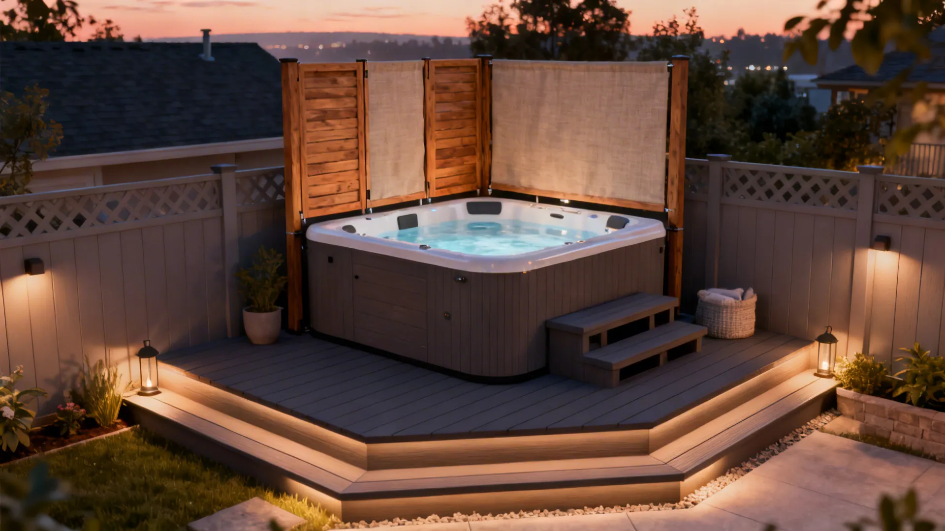Corner hot tub with a sliding wood-and-textile privacy screen on a compact patio.