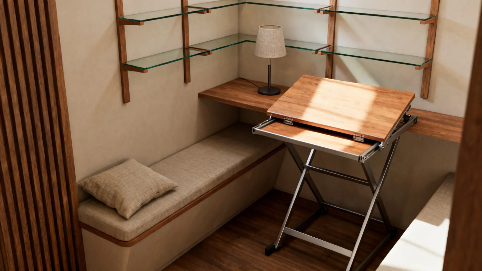 Compact corner converted into a fold-up desk and shelving hub with neat storage and a reading lamp.