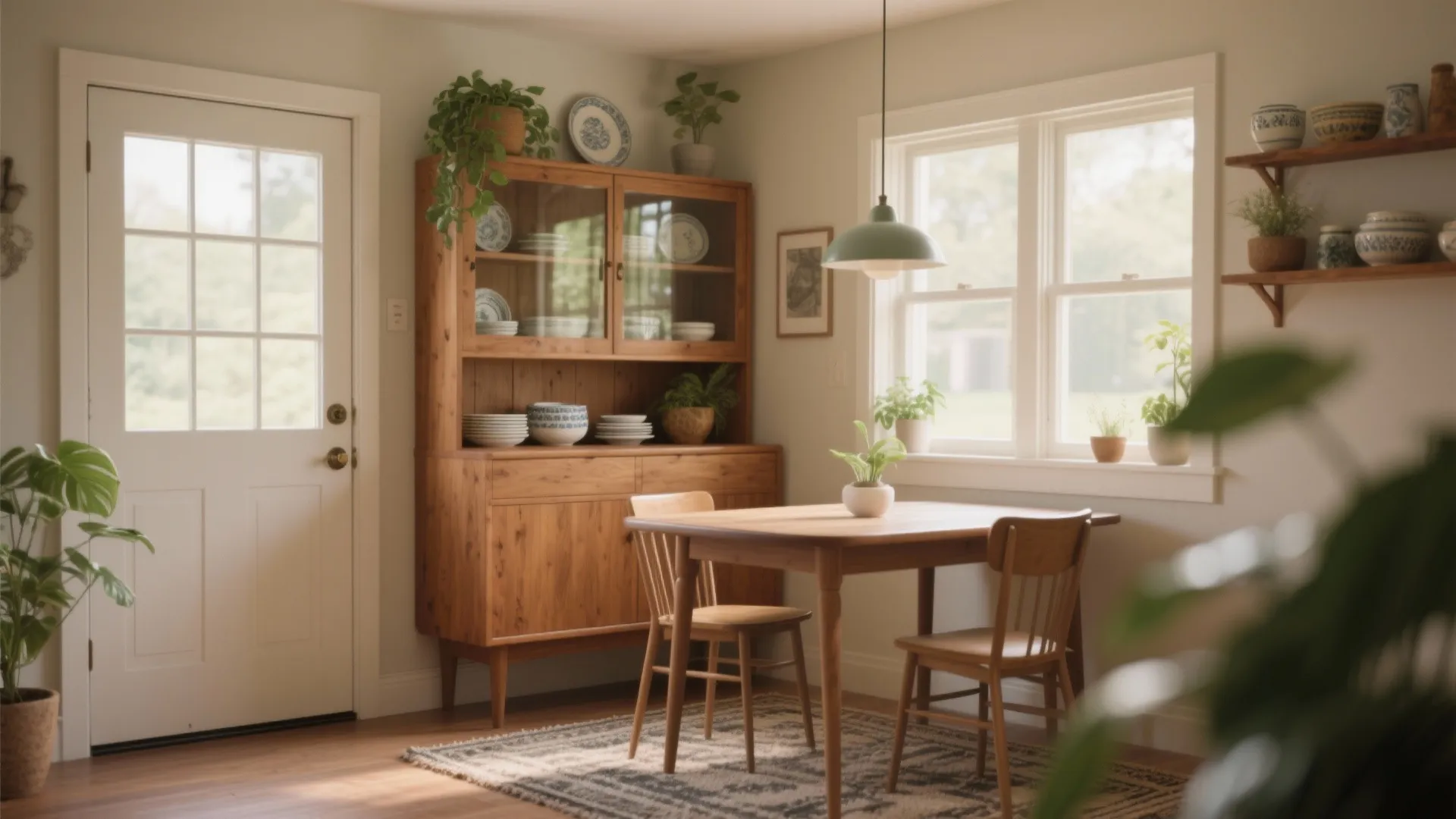 Cozy dining room featuring a wooden table with chairs and a large wooden cabinet plants