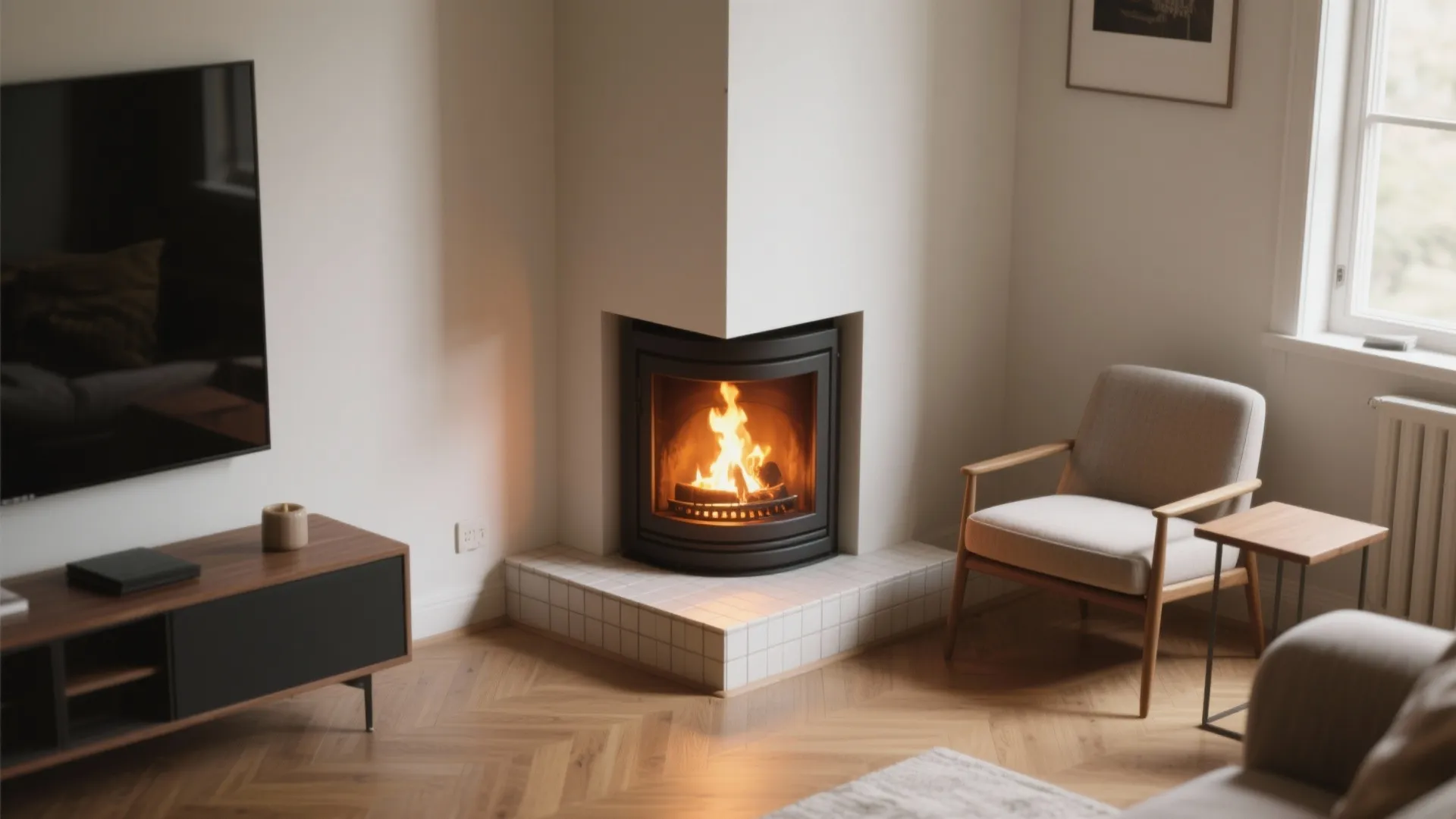 Modern living room corner with fireplace on white tiles plus armchair and wood tv stand