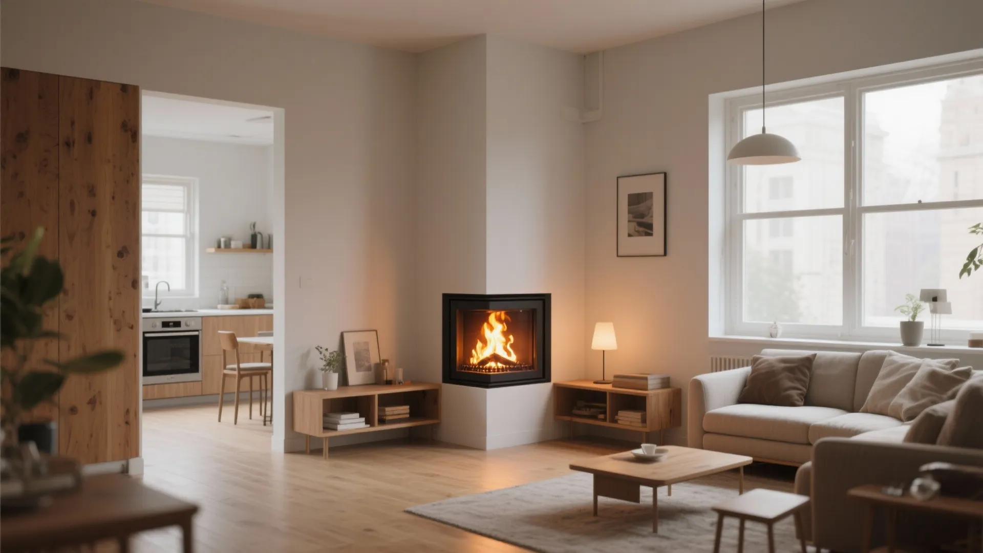Corner electric fireplace insert in a small studio preserving walking paths and open center space.