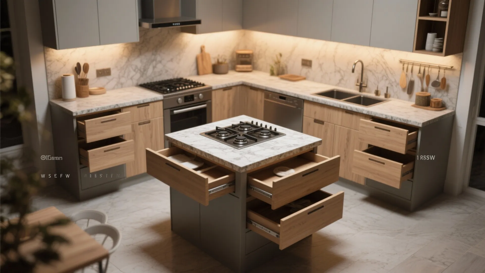 Compact kitchen island with marble top and open drawers for organized storage in small kitchen