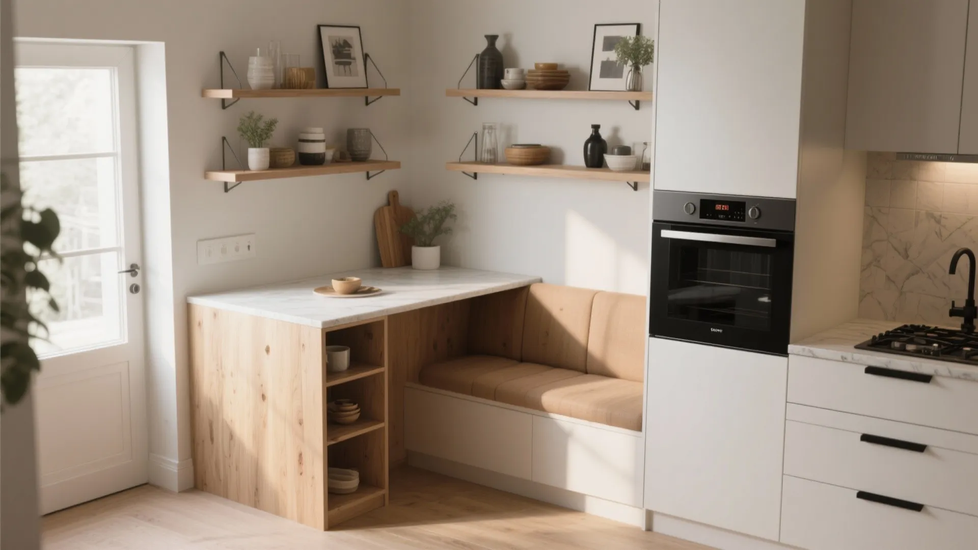 5. Corner island + floating shelf combo