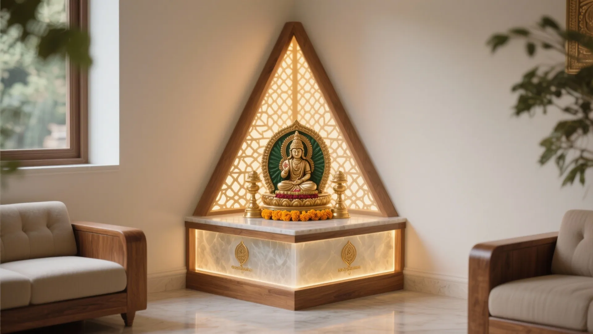 Idea 3: Corner mandir with backlit jaali