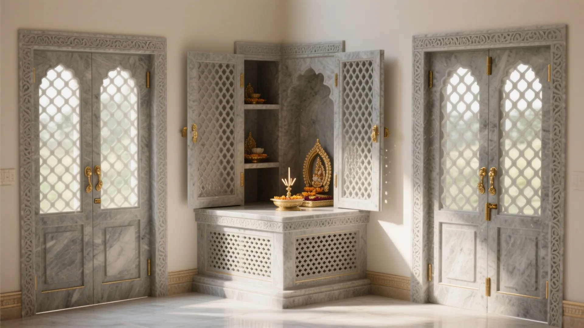 Traditional stone prayer corner with carved doors and shelves built into a bright marble room
