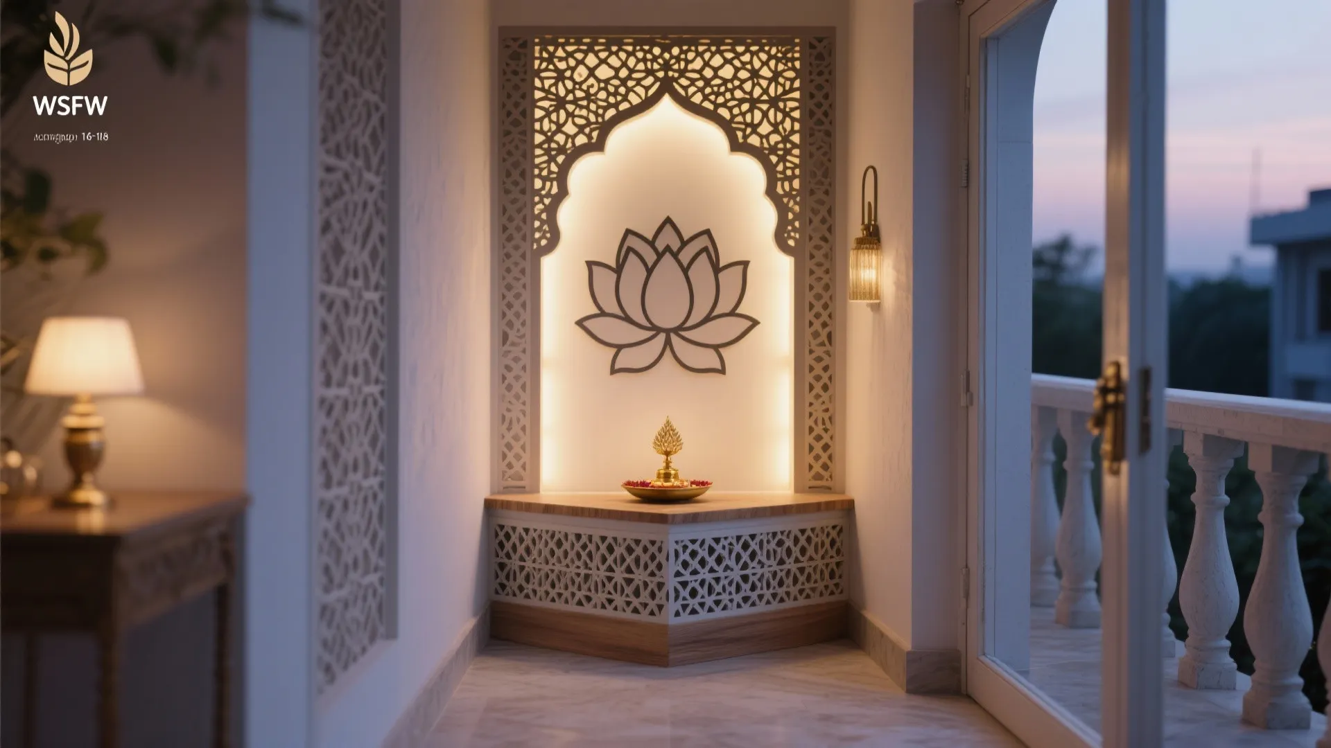 Corner pooja alcove with lotus motif jaali, LED backlighting, and a compact plinth beside a balcony door.