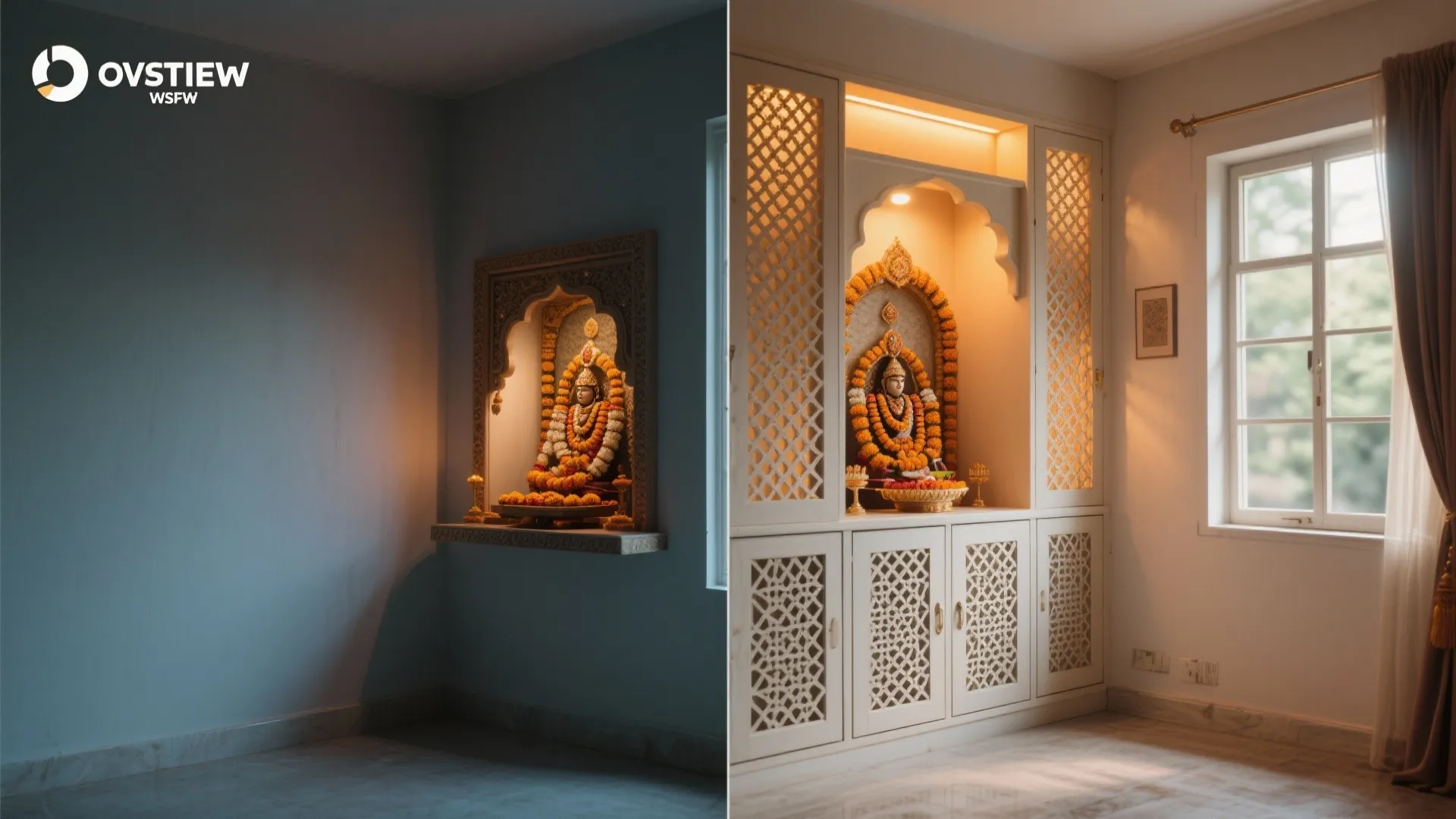 Corner Pooja Cabinet with Jaali Panels and Ventilation