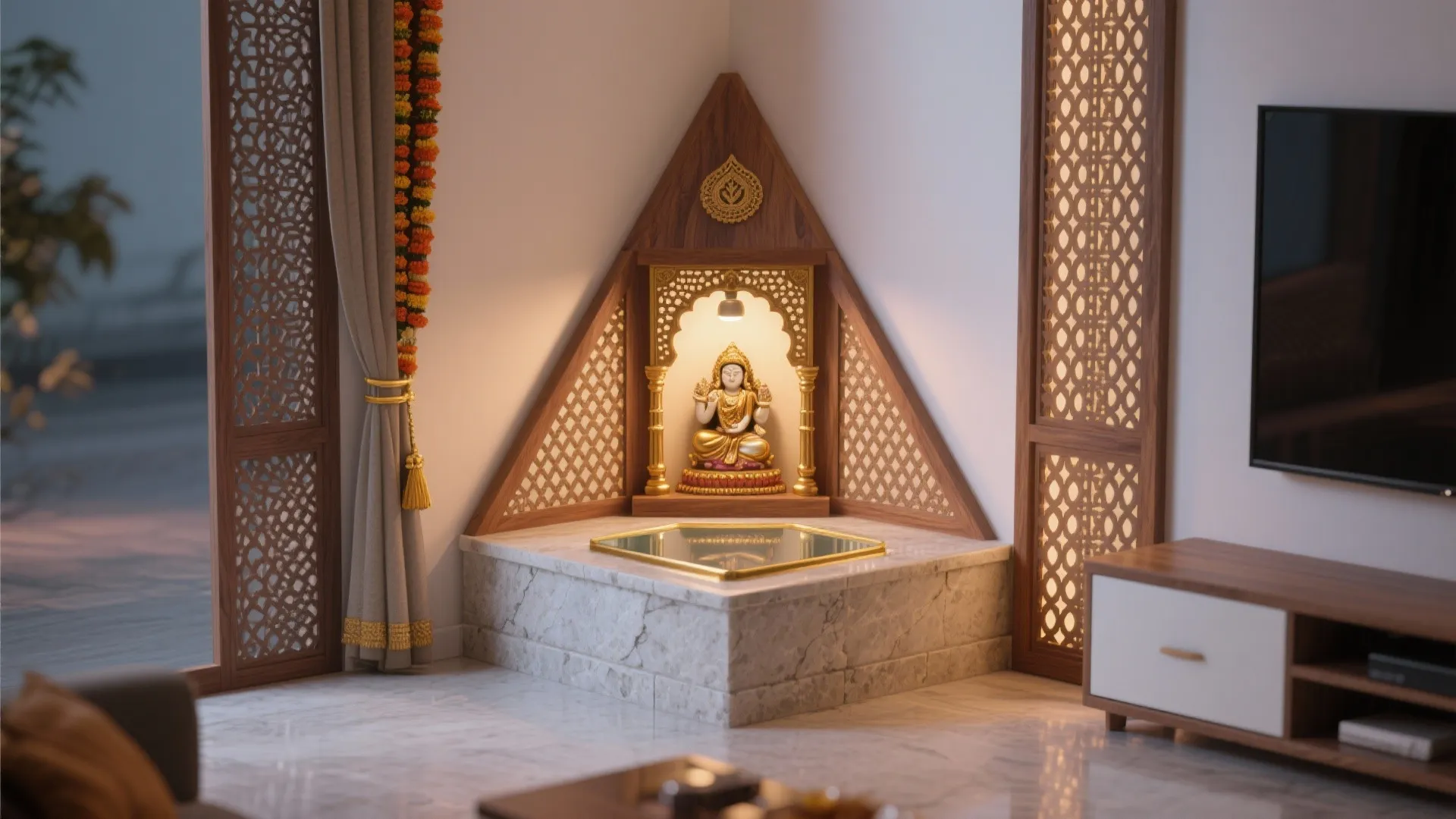 Corner Shrine With Jaali Panels for Ventilation