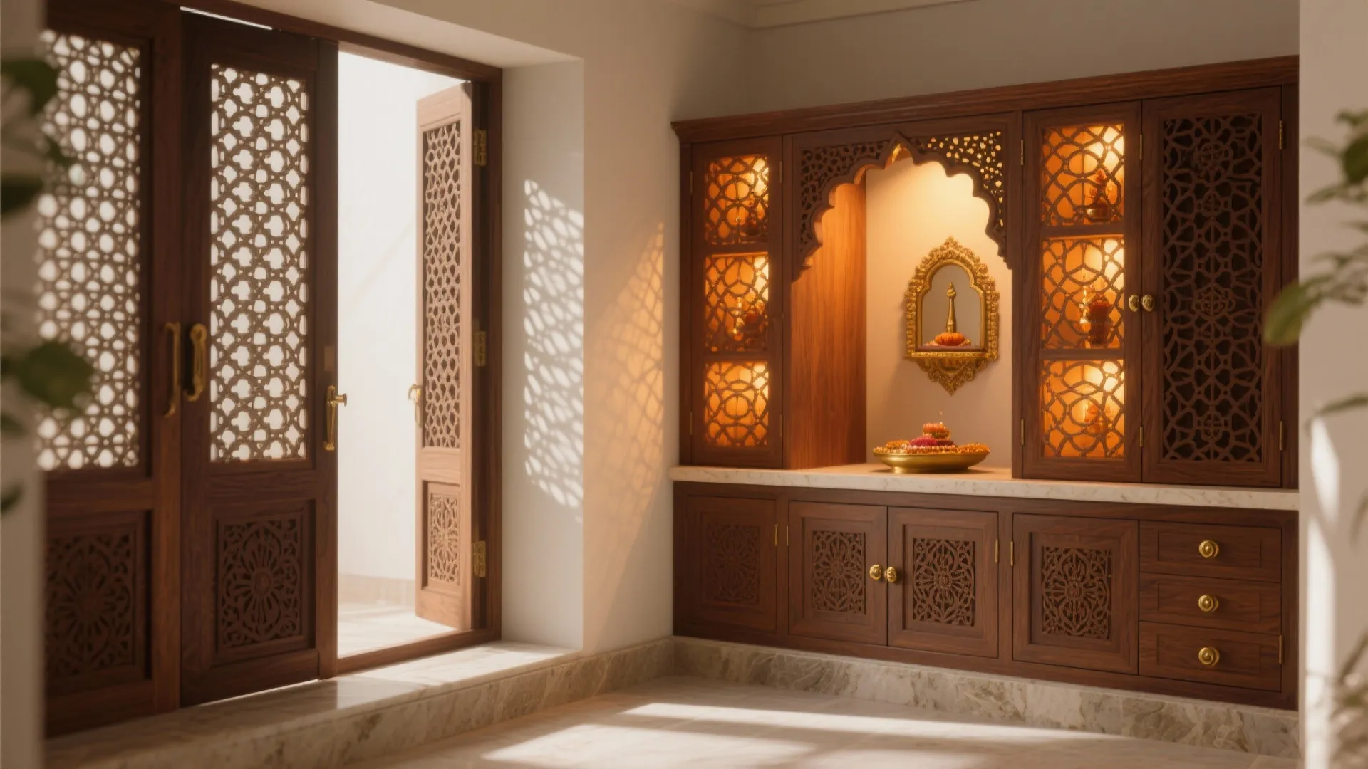 Corner Pooja Cabinet with Jaali Panels and Ventilation